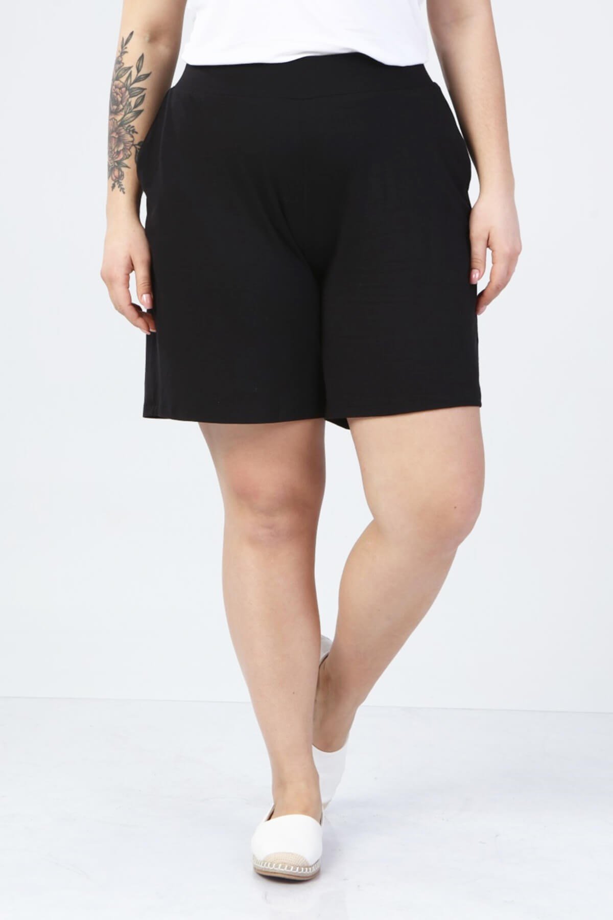 Myline-Beli Lastikli Cepli Penye Şort-Büyük Beden Şort-66456