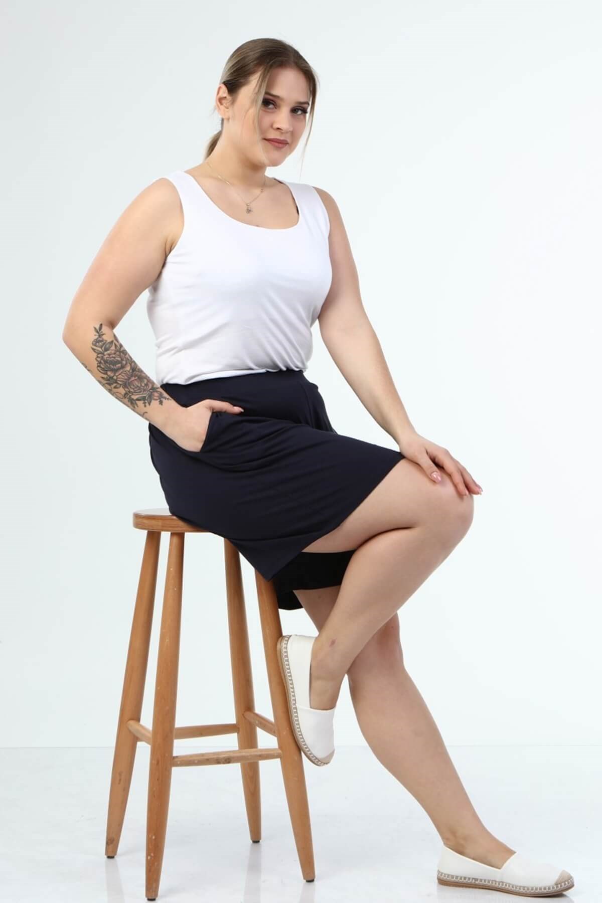 Myline-Beli Lastikli Cepli Penye Şort-Büyük Beden Şort-66435