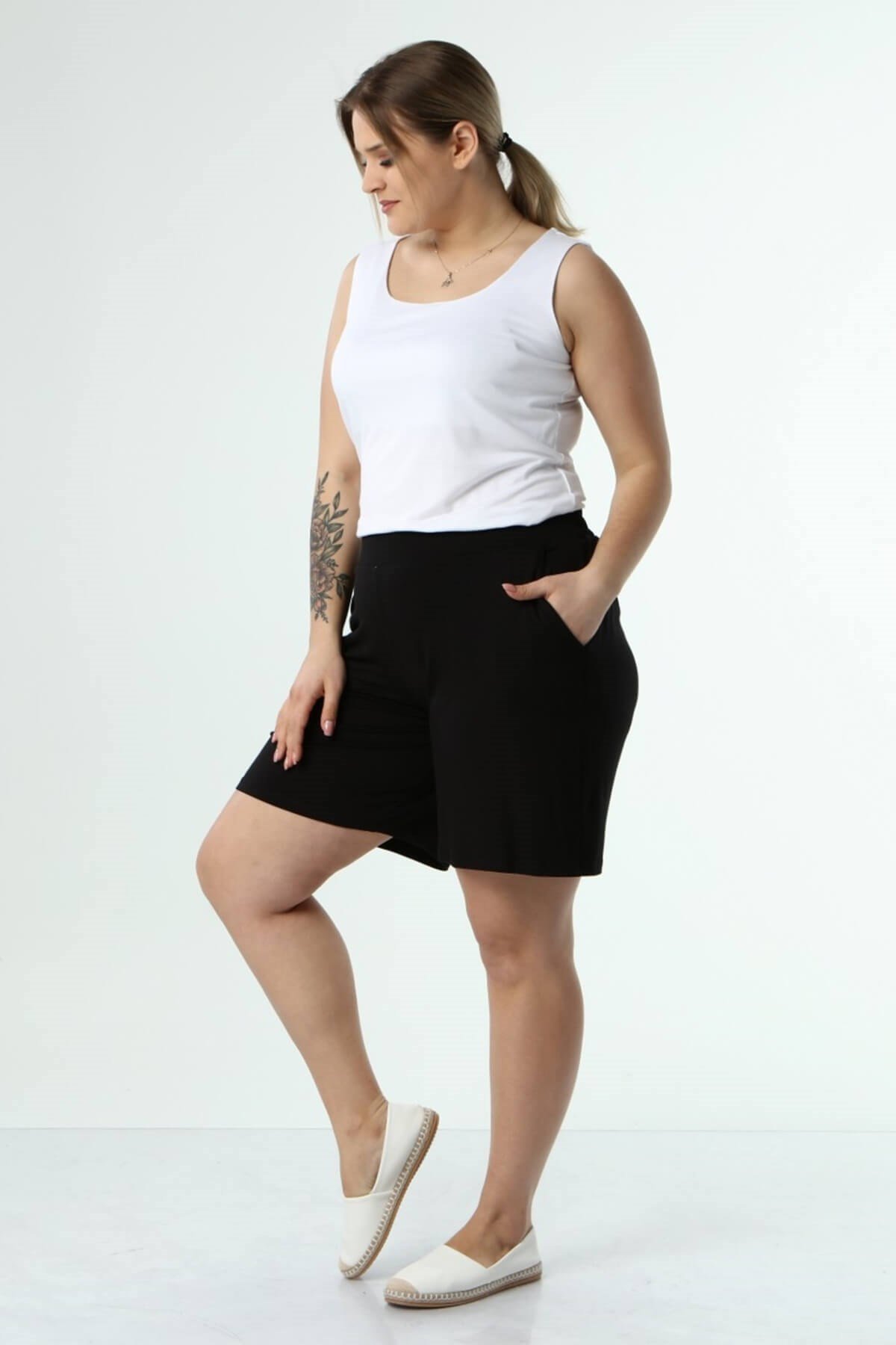 Myline-Beli Lastikli Cepli Penye Şort-Büyük Beden Şort-66456