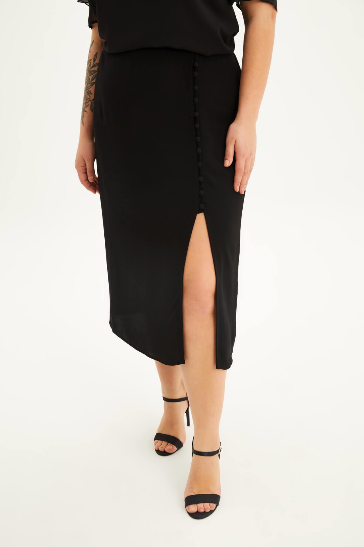 Myline-Beli Lastikli Düğmeli Midi Etek-Büyük Beden Etek-88031