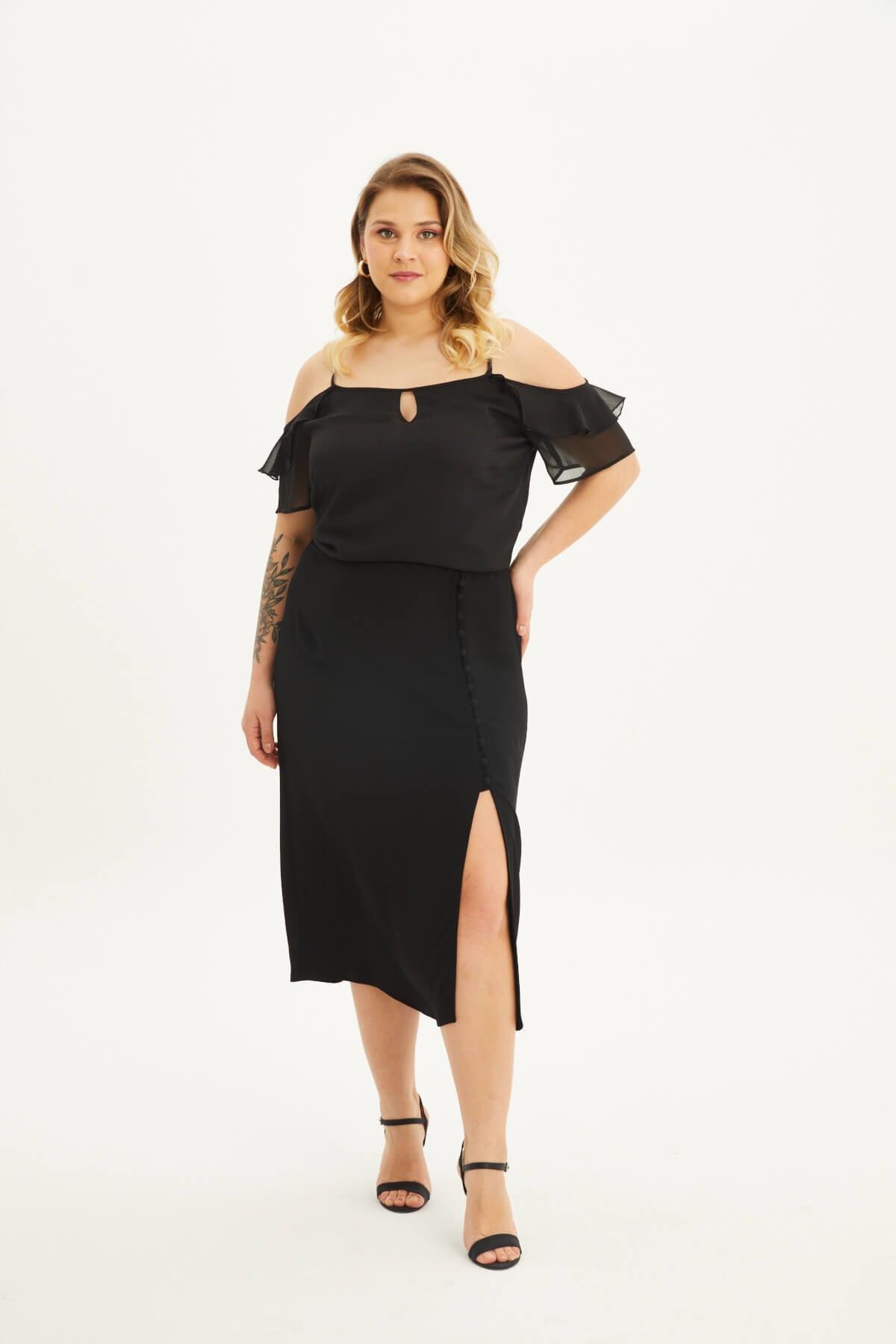 Myline-Beli Lastikli Düğmeli Midi Etek-Büyük Beden Etek-88031