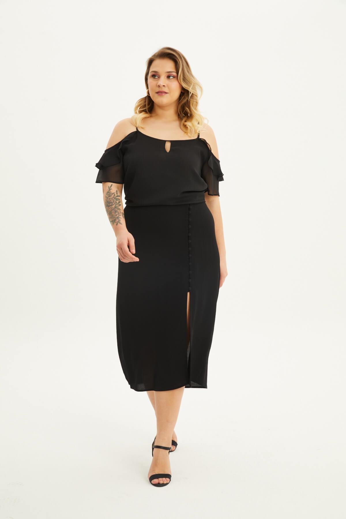 Myline-Beli Lastikli Düğmeli Midi Etek-Büyük Beden Etek-88031