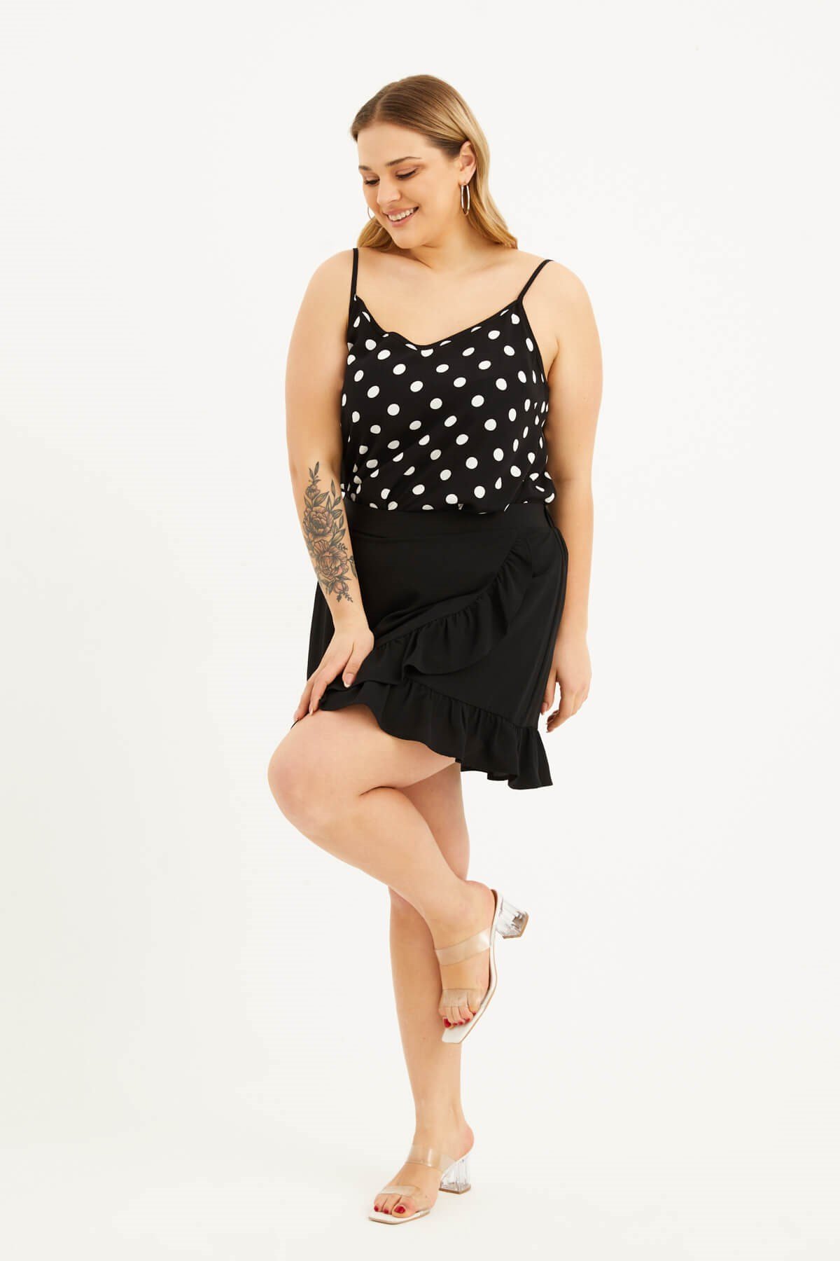 Myline-Beli Lastikli Fırfırlı Şort Etek-Büyük Beden Şort-77539