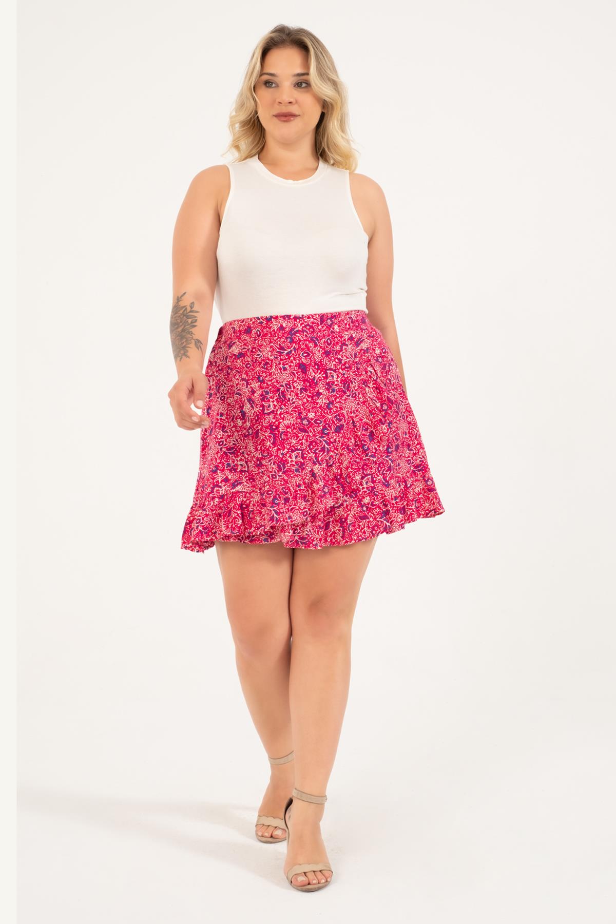 Myline-Beli Lastikli Fırfırlı Şort Etek-Büyük Beden Etek-128697