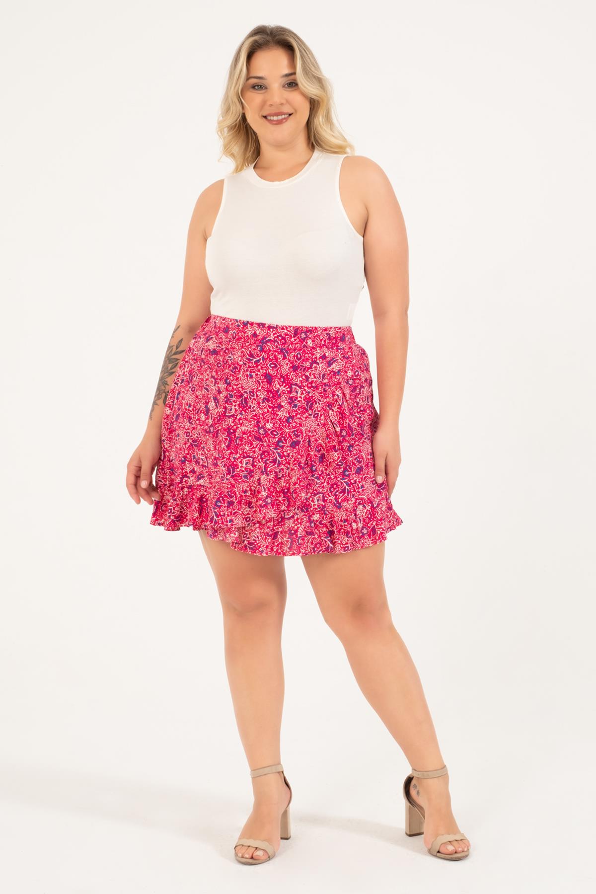 Myline-Beli Lastikli Fırfırlı Şort Etek-Büyük Beden Etek-128697