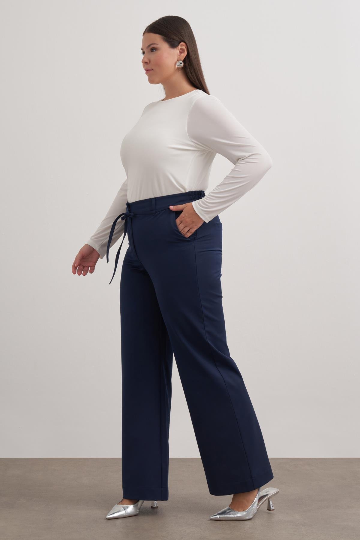 Myline-Beli Lastikli Geniş Paça Pantolon-Büyük Beden Pantolon-149583