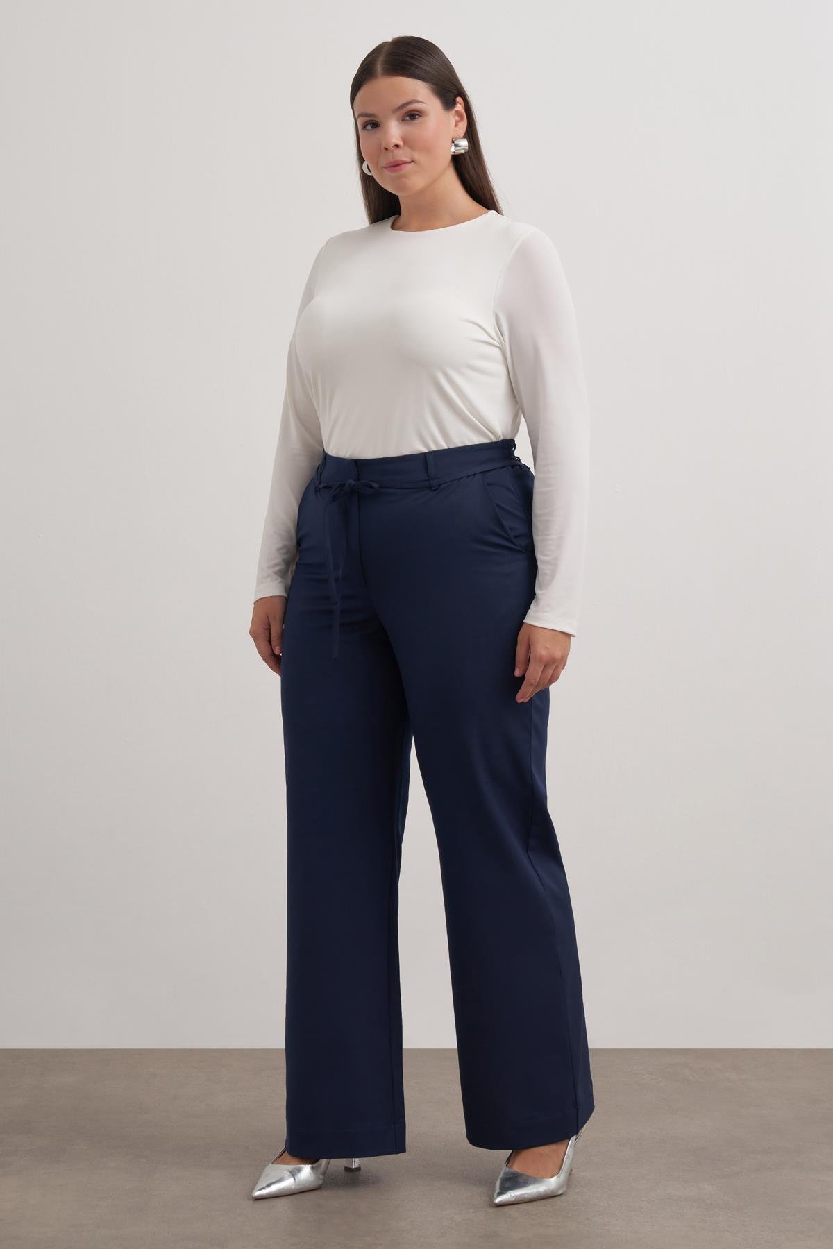 Myline-Beli Lastikli Geniş Paça Pantolon-Büyük Beden Pantolon-149583