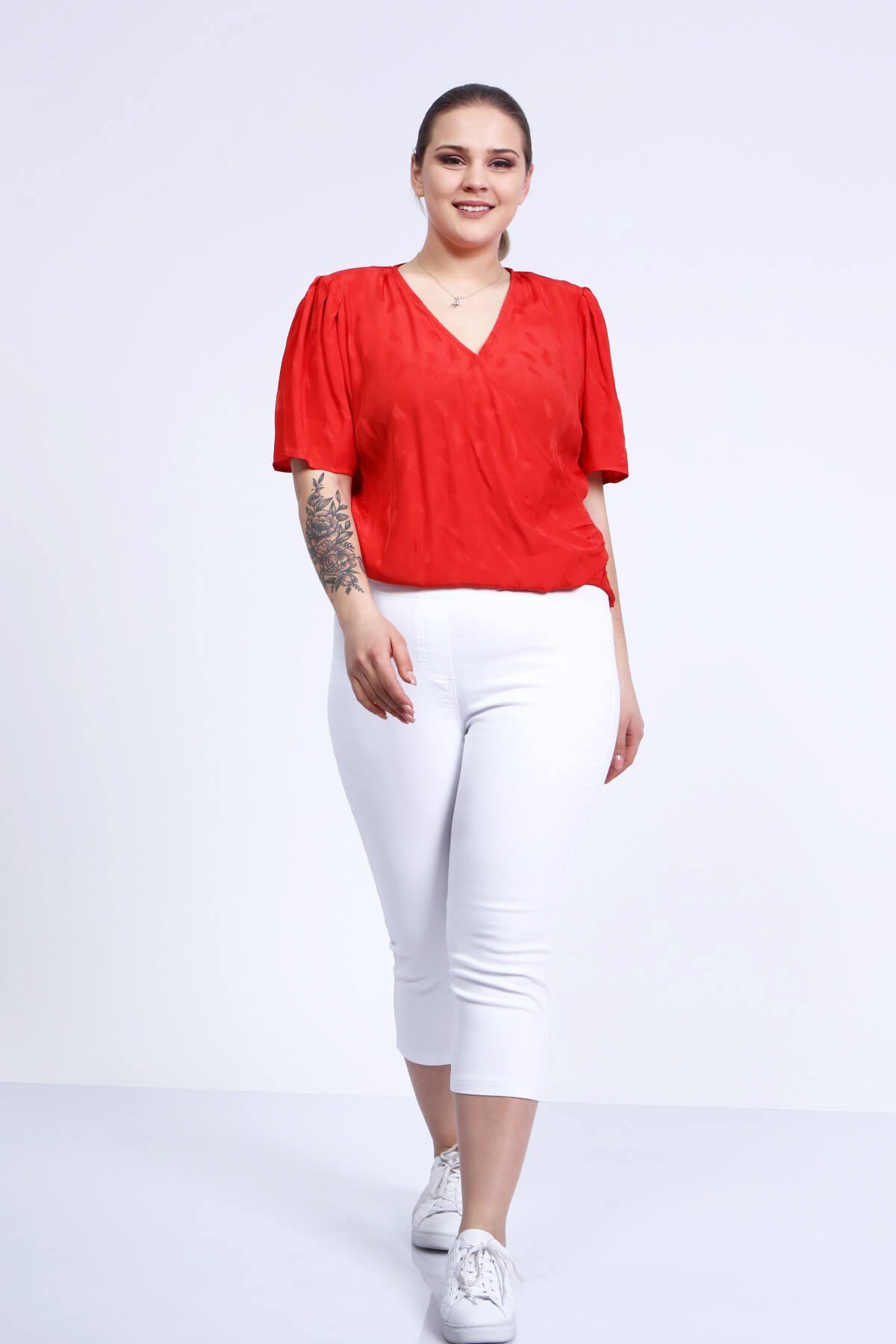 Myline-Beli Lastikli Kapri Pantolon-Büyük Beden Kapri-66459