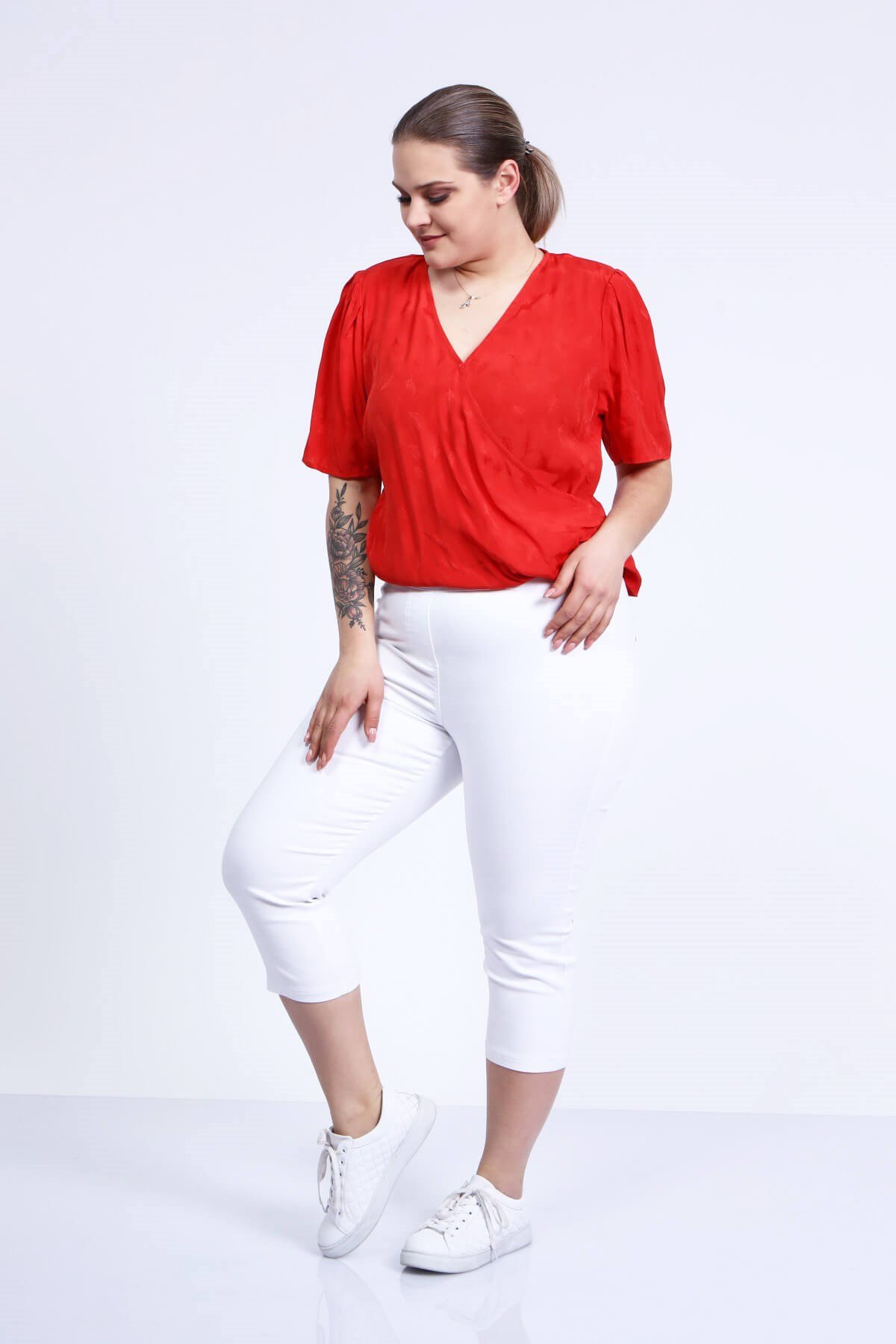 Myline-Beli Lastikli Kapri Pantolon-Büyük Beden Kapri-66459