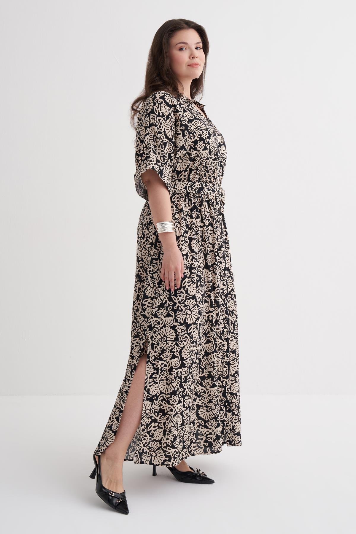 Myline-Beli Lastikli Kemerli Uzun Elbise-Büyük Beden Elbise-149948