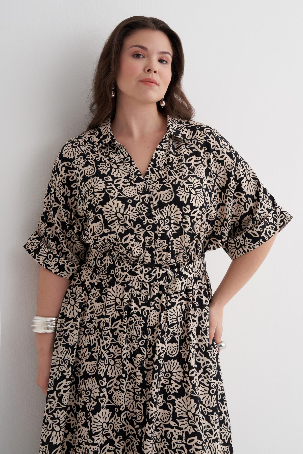 Myline-Beli Lastikli Kemerli Uzun Elbise-Büyük Beden Elbise-149948