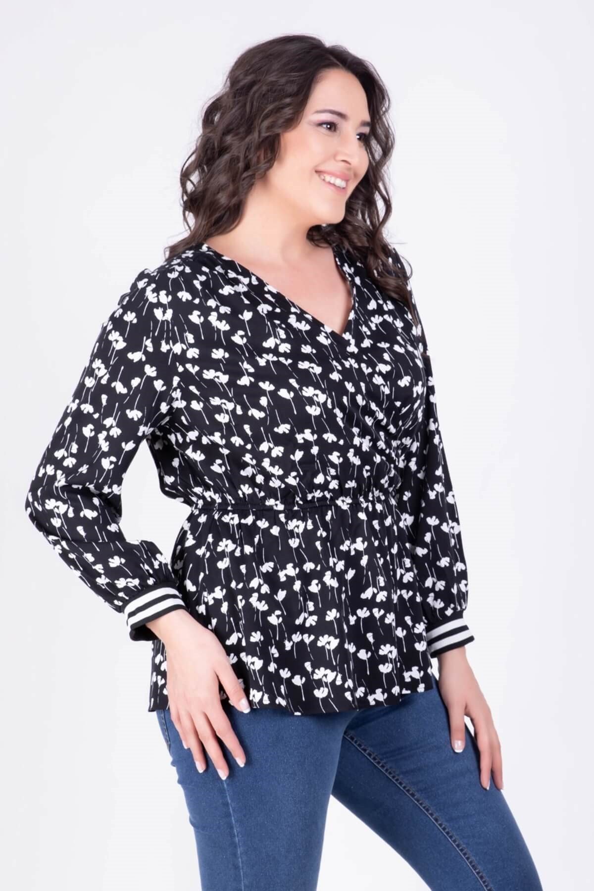 Myline-Beli Lastikli Kruvaze Çiçekli Bluz-Büyük Beden Bluz-34155