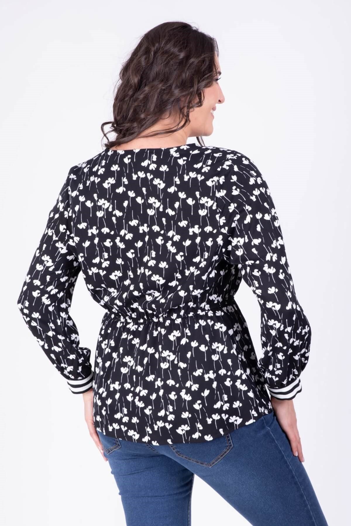 Myline-Beli Lastikli Kruvaze Çiçekli Bluz-Büyük Beden Bluz-34155