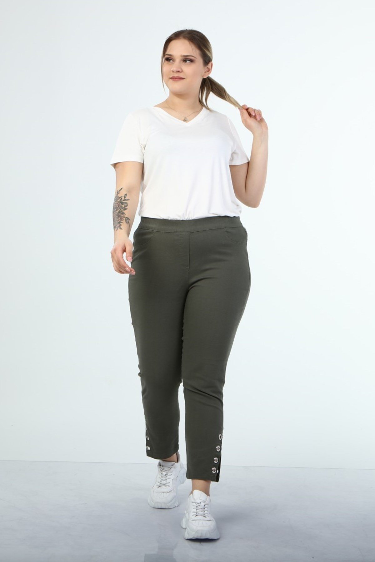 Myline-Beli Lastikli Kuş Gözü Detaylı Pantolon-Büyük Beden Pantolon-45999