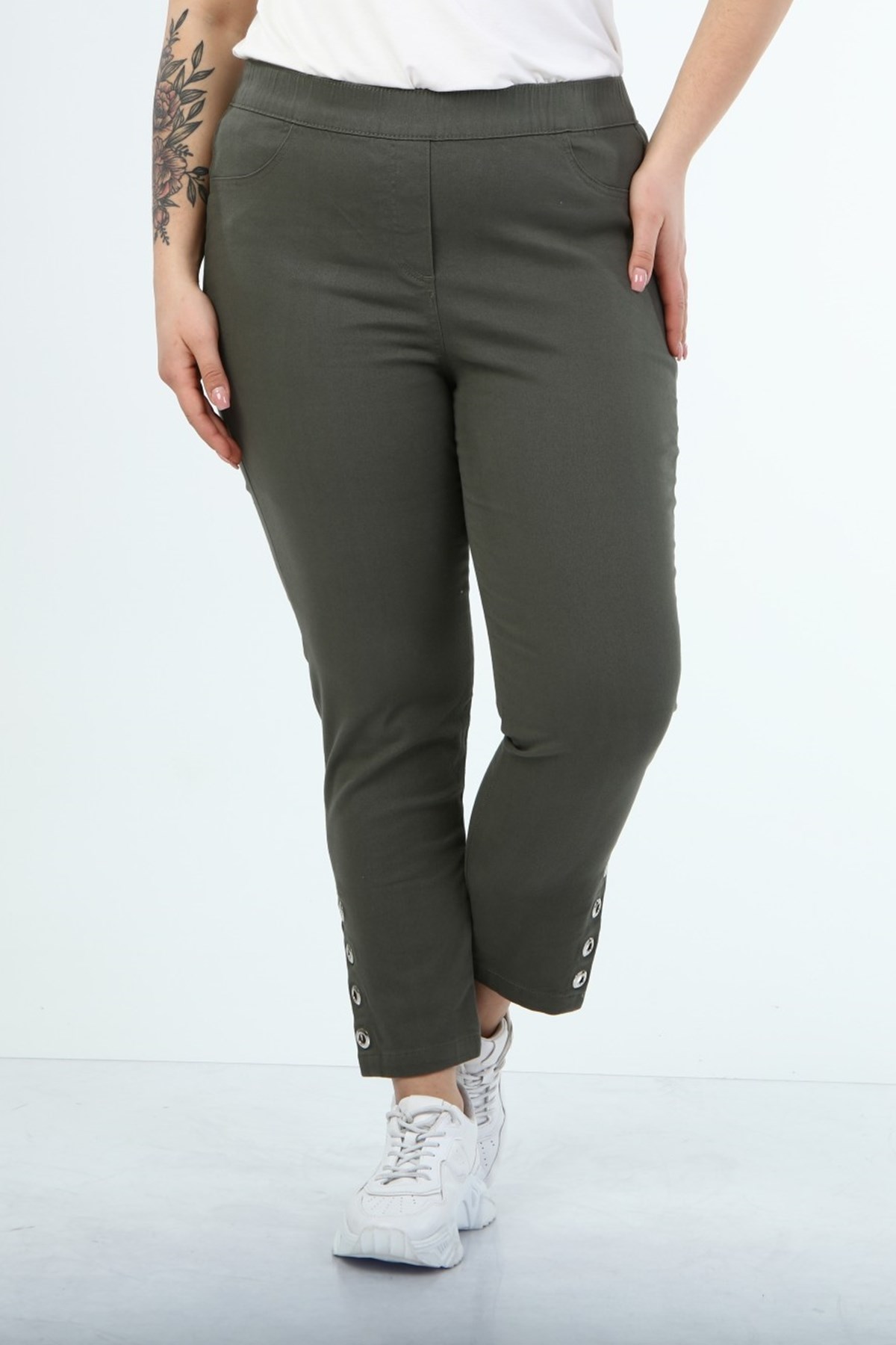 Myline-Beli Lastikli Kuş Gözü Detaylı Pantolon-Büyük Beden Pantolon-45999