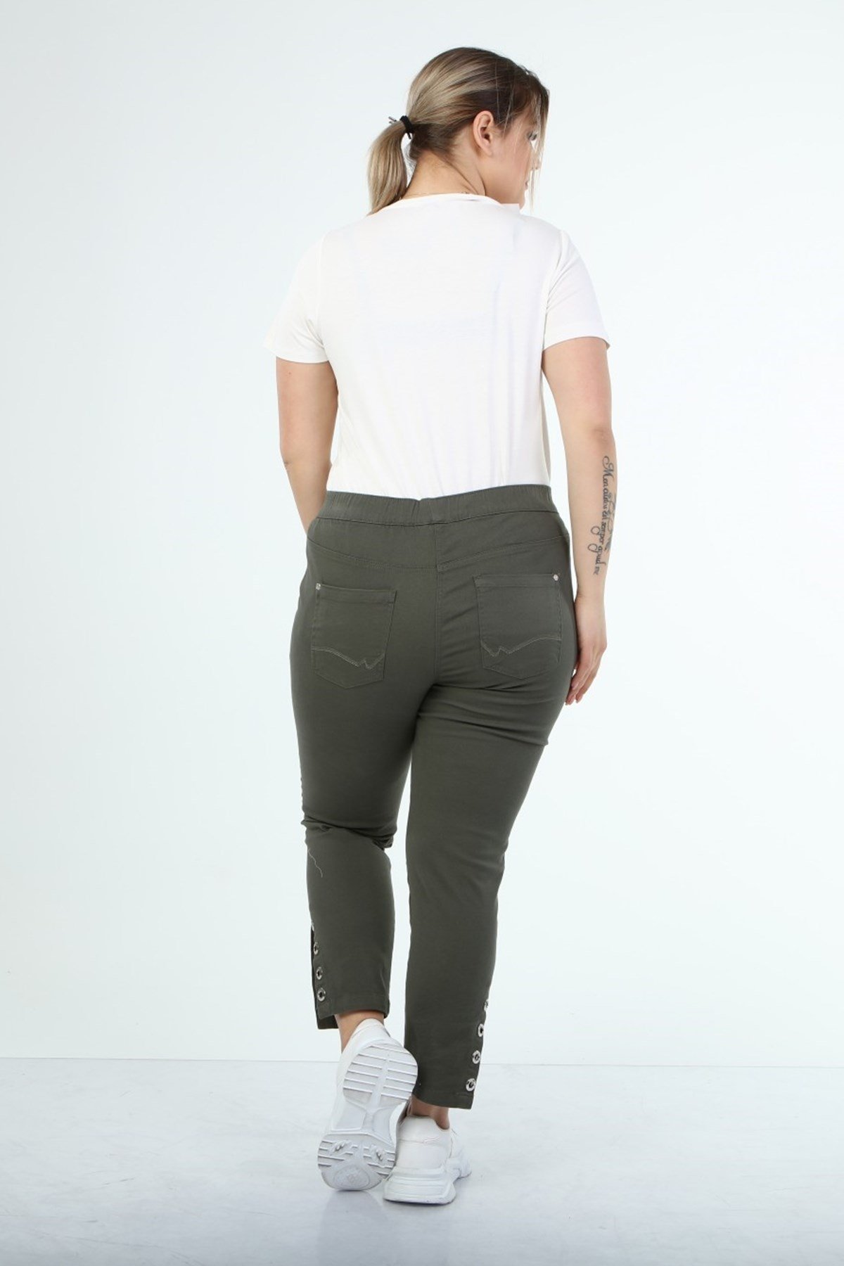 Myline-Beli Lastikli Kuş Gözü Detaylı Pantolon-Büyük Beden Pantolon-45999