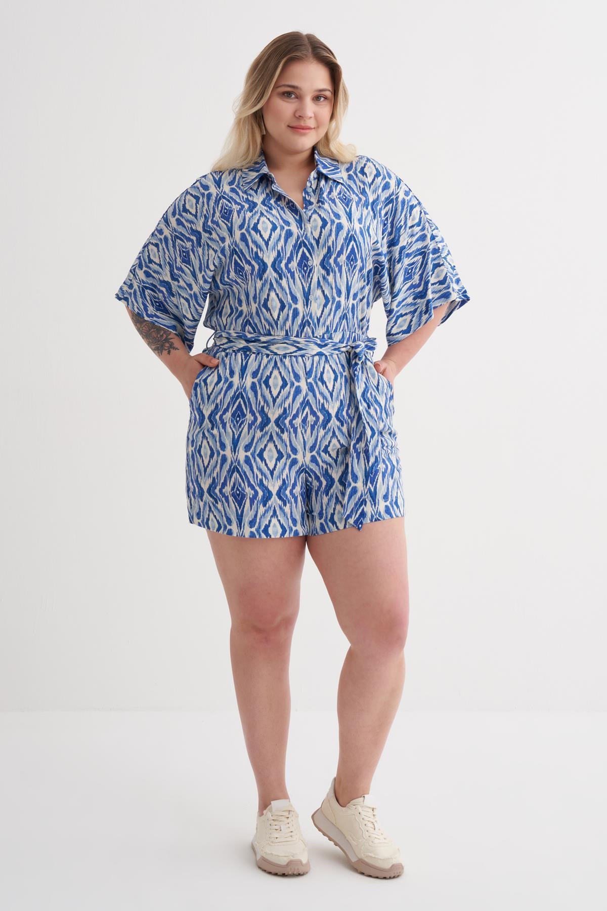 Myline-Beli Lastikli Kuşaklı Kısa Tulum-Büyük Beden Tulum-149959