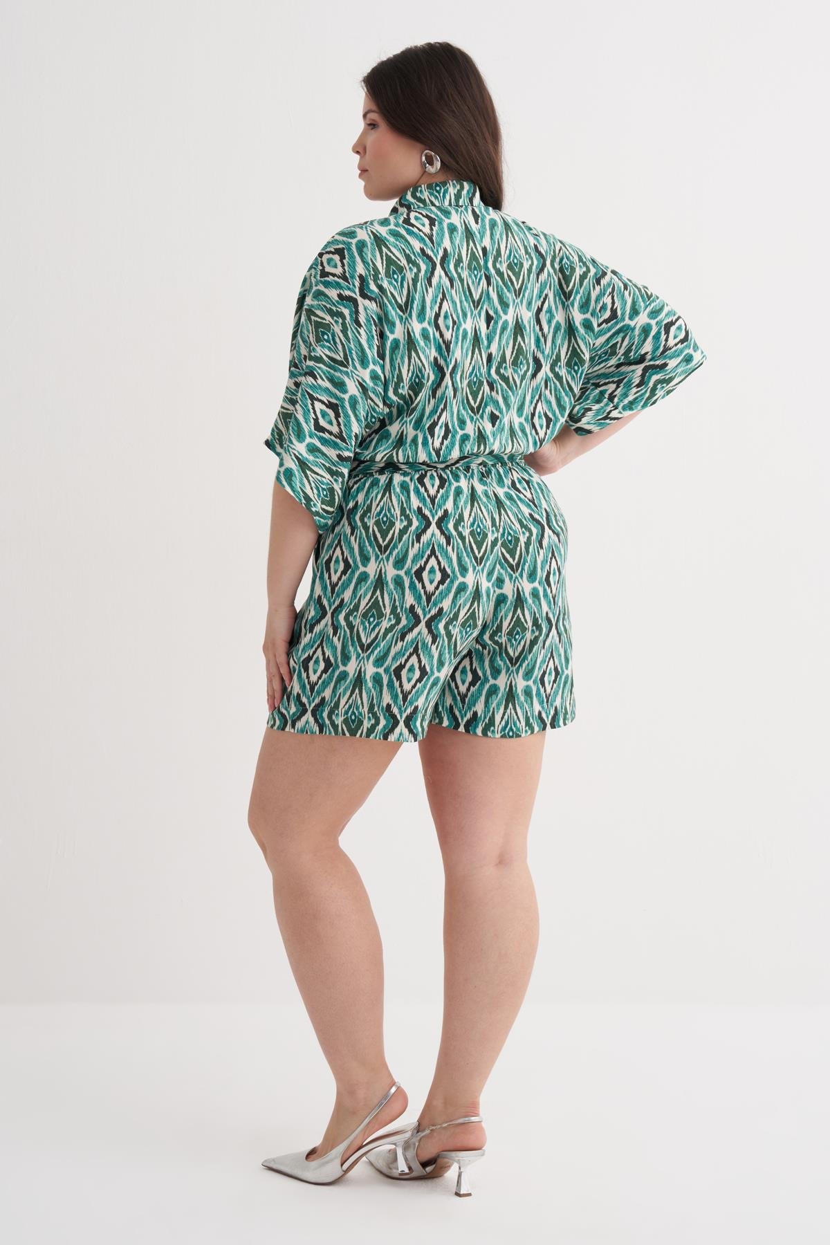 Myline-Beli Lastikli Kuşaklı Kısa Tulum-Büyük Beden Tulum-149960