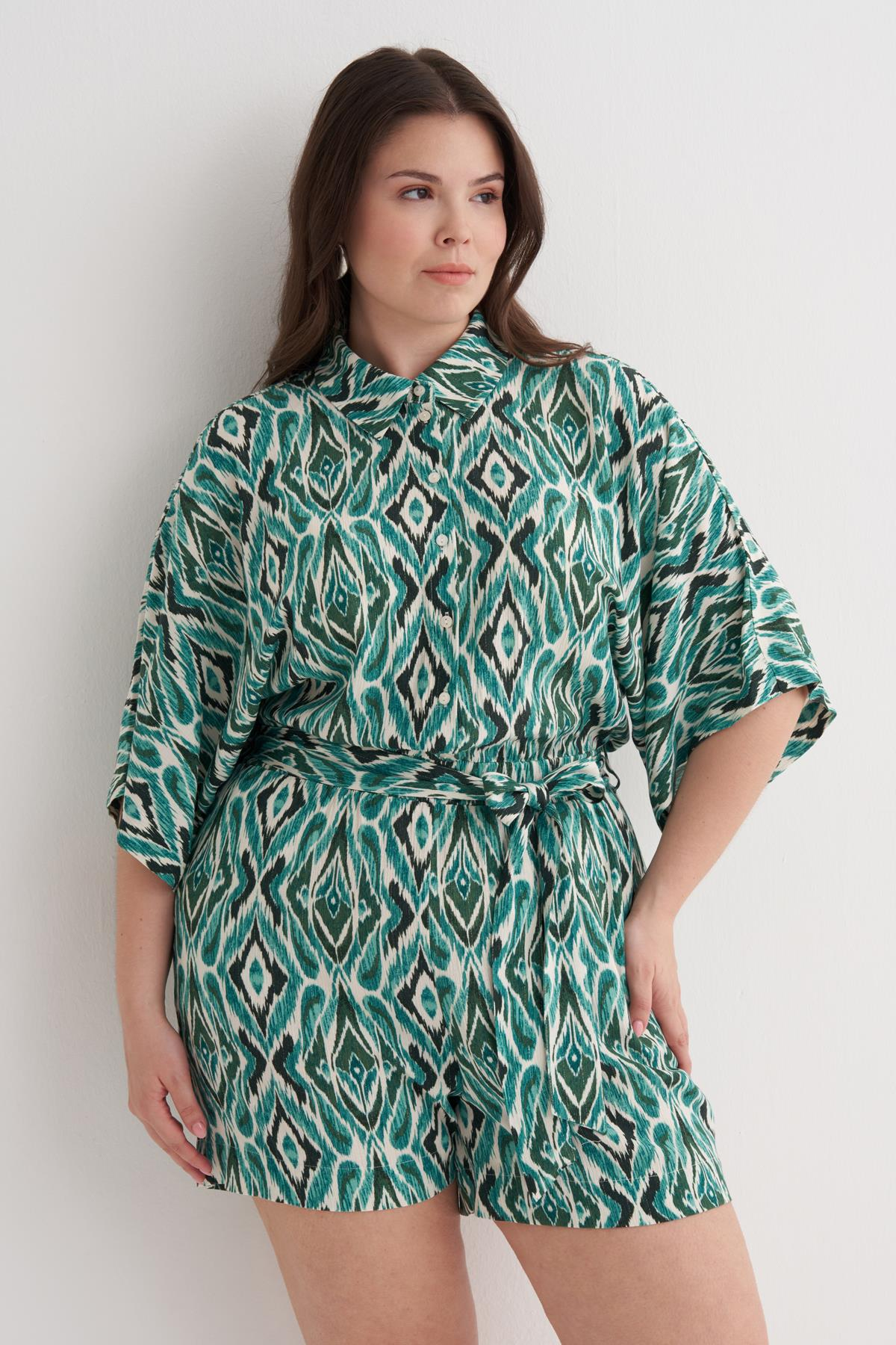 Myline-Beli Lastikli Kuşaklı Kısa Tulum-Büyük Beden Tulum-149960