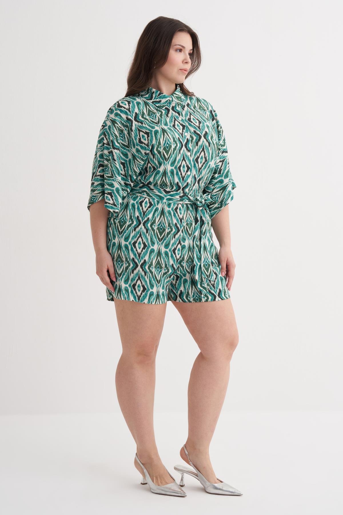 Myline-Beli Lastikli Kuşaklı Kısa Tulum-Büyük Beden Tulum-149960