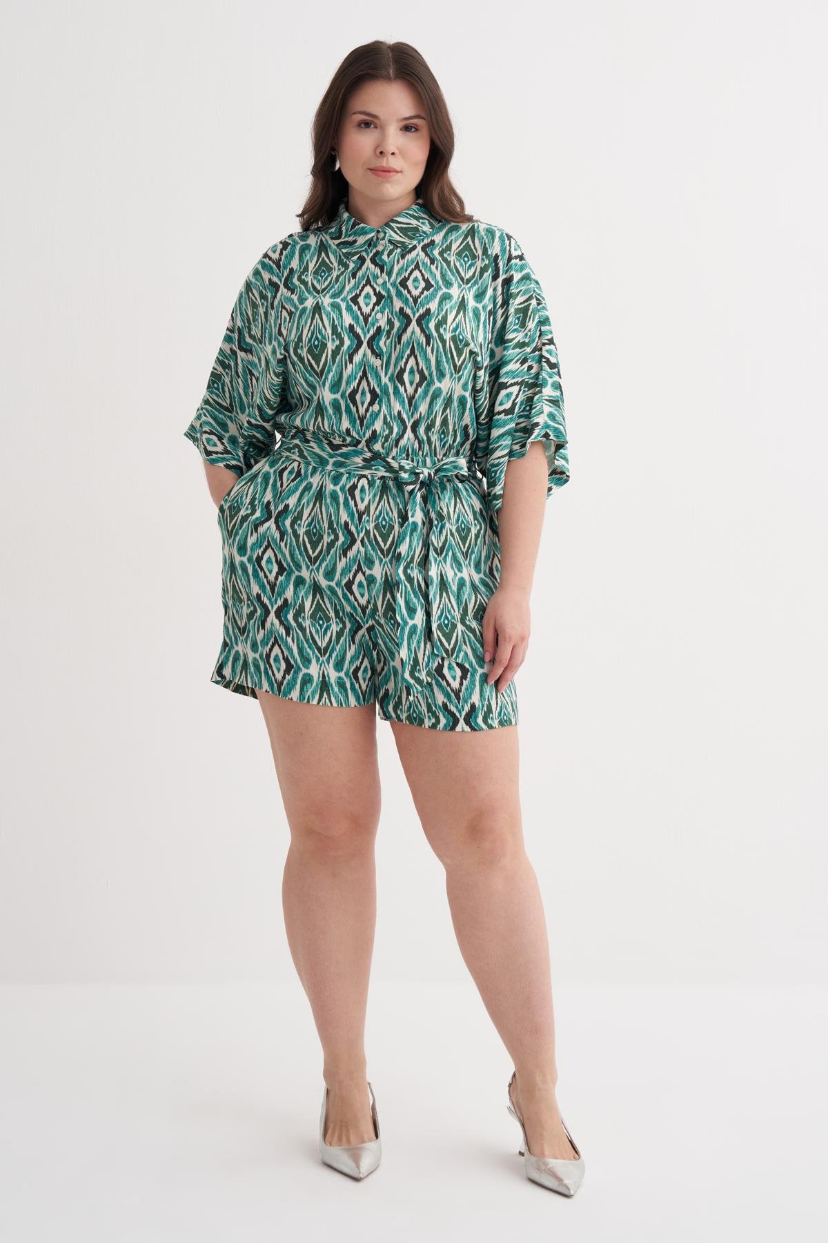 Myline-Beli Lastikli Kuşaklı Kısa Tulum-Büyük Beden Tulum-149960