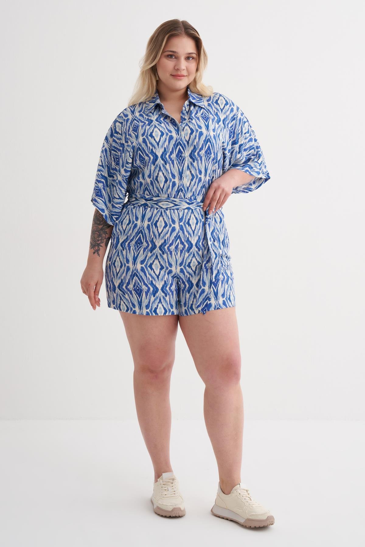 Myline-Beli Lastikli Kuşaklı Kısa Tulum-Büyük Beden Tulum-149959