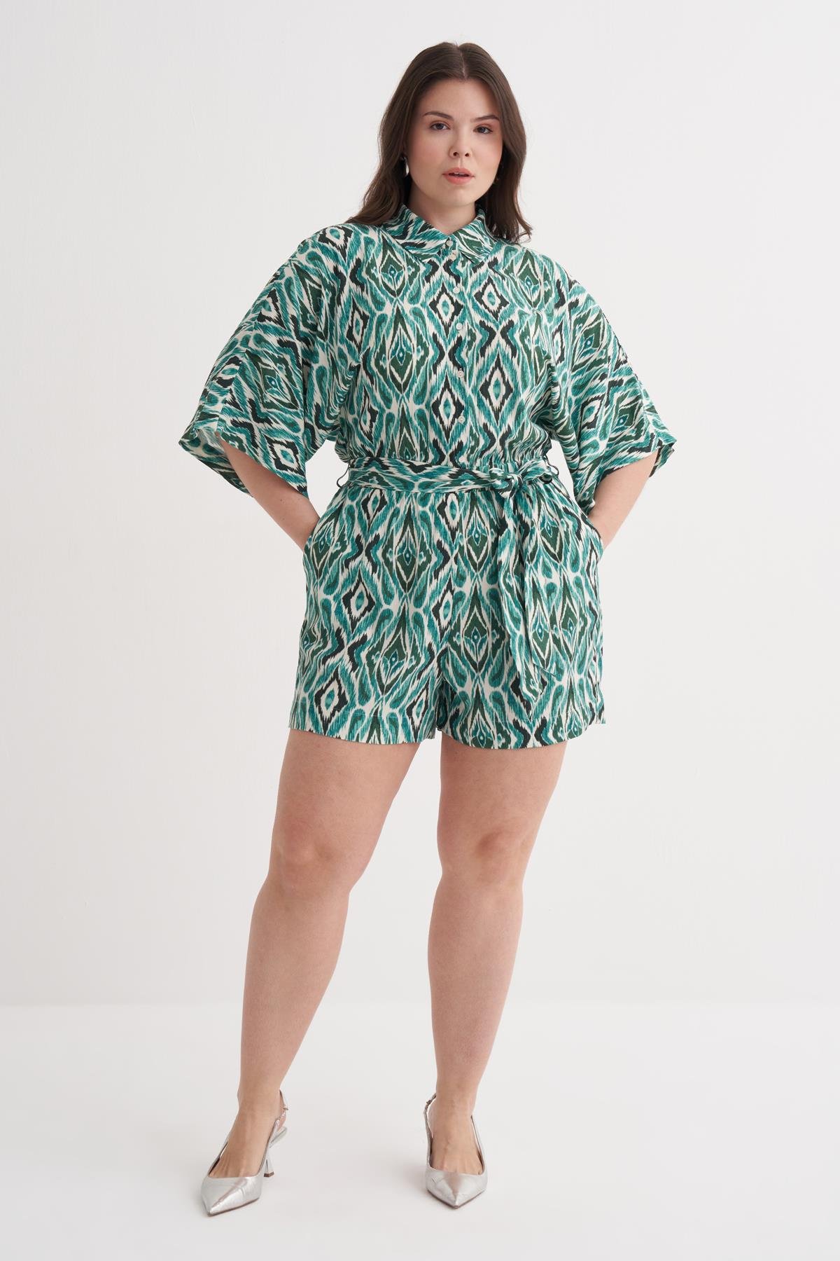 Myline-Beli Lastikli Kuşaklı Kısa Tulum-Büyük Beden Tulum-149960