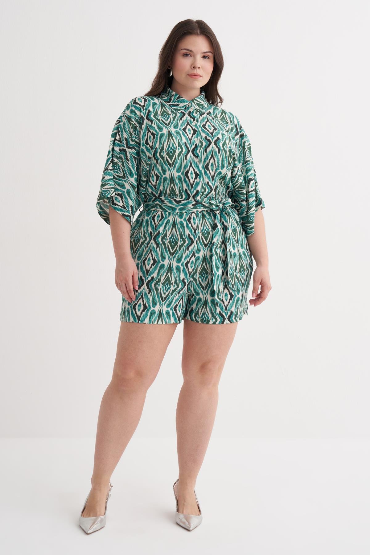 Myline-Beli Lastikli Kuşaklı Kısa Tulum-Büyük Beden Tulum-149960