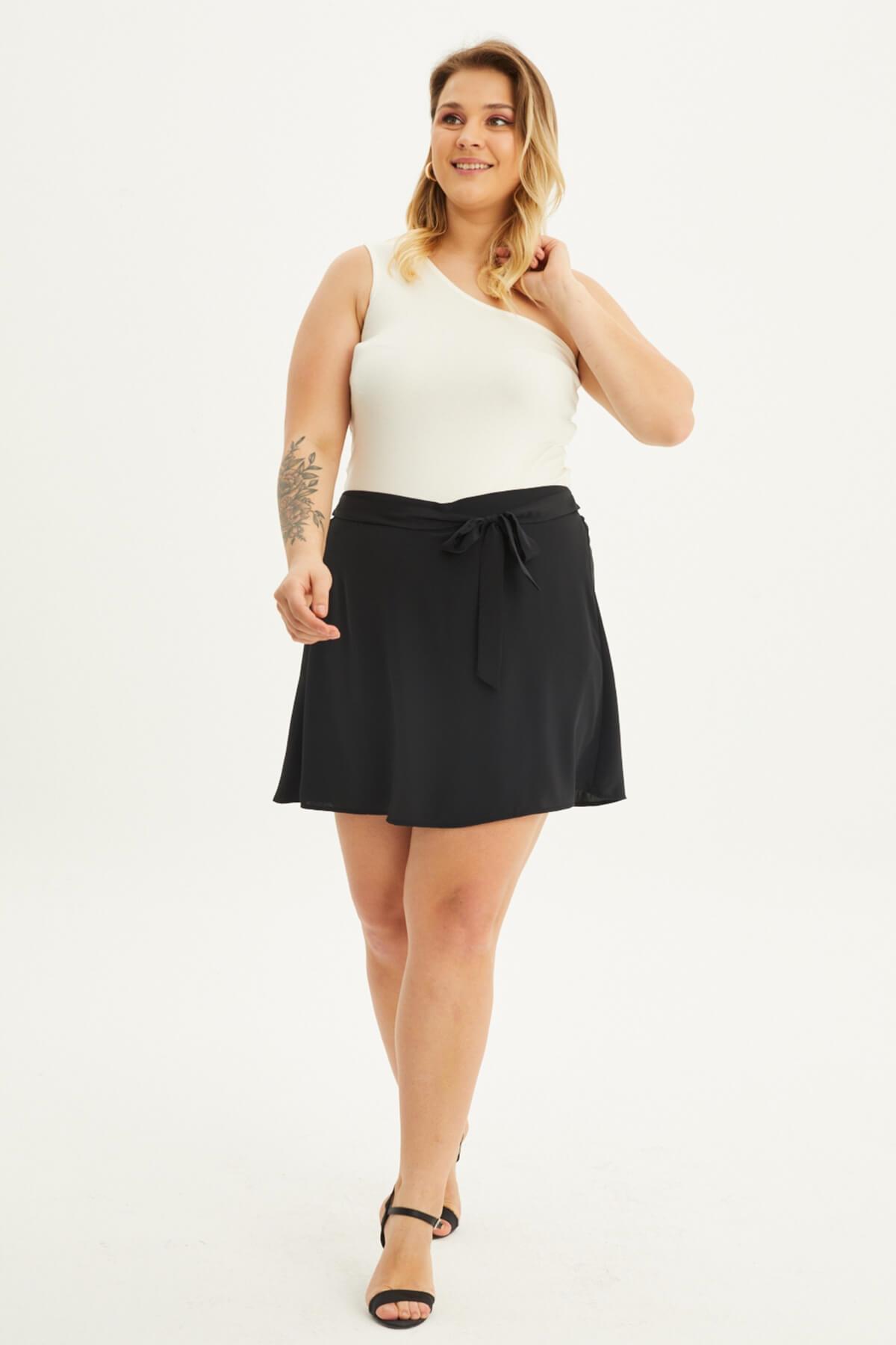 Myline-Beli Lastikli Kuşaklı Şort Etek-Büyük Beden Etek-118410