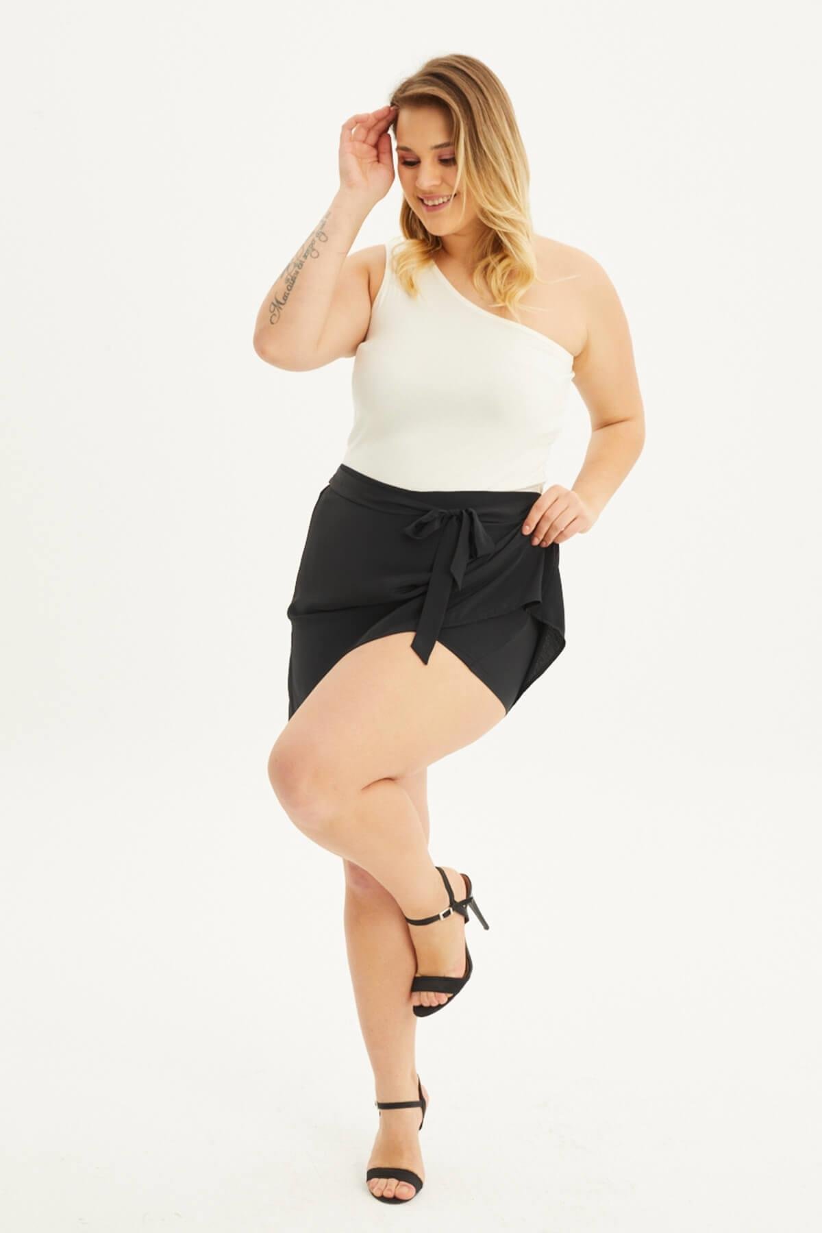 Myline-Beli Lastikli Kuşaklı Şort Etek-Büyük Beden Etek-118410