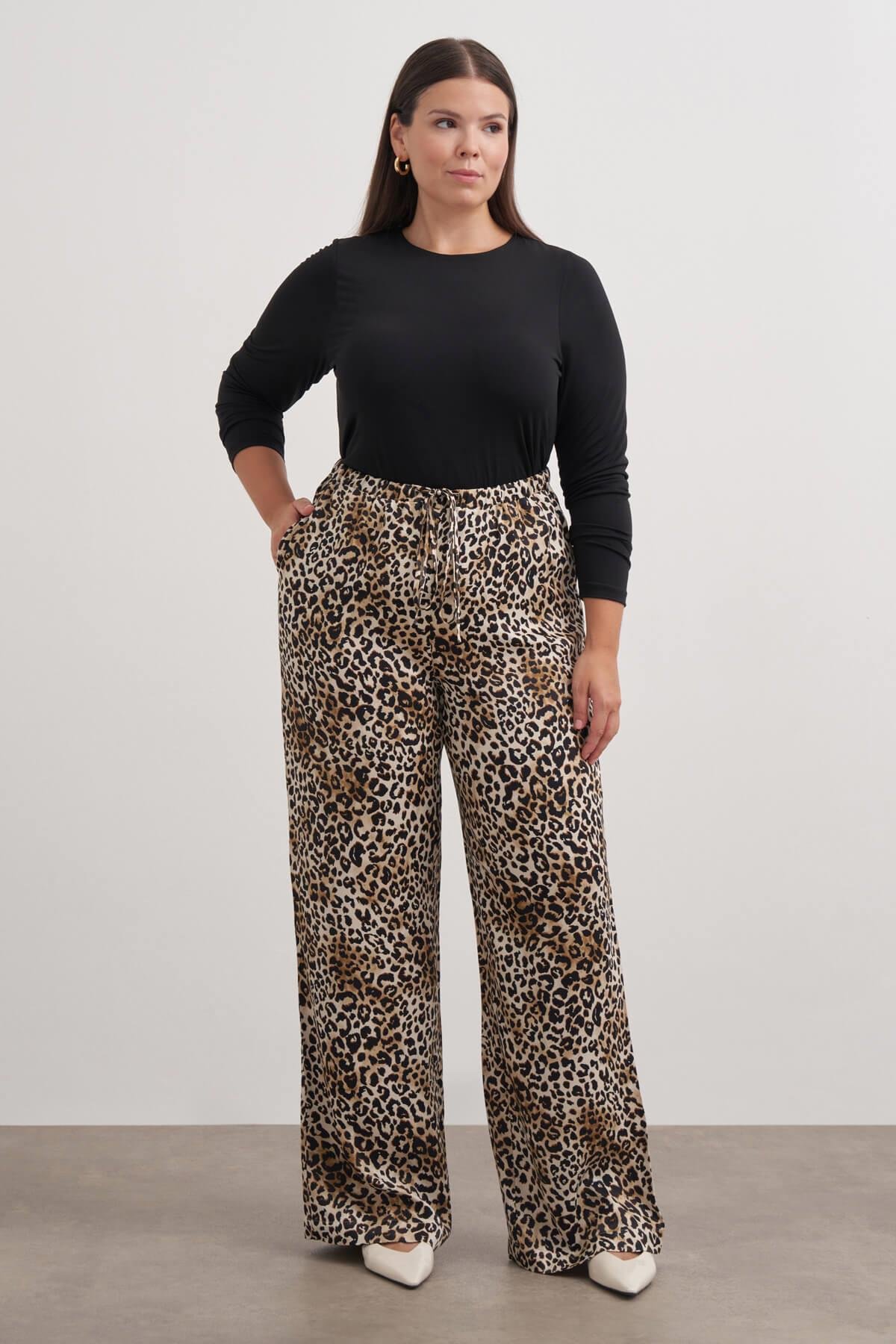 Myline-Beli Lastikli Leopar Desenli Pantolon-Büyük Beden Pantolon-149429