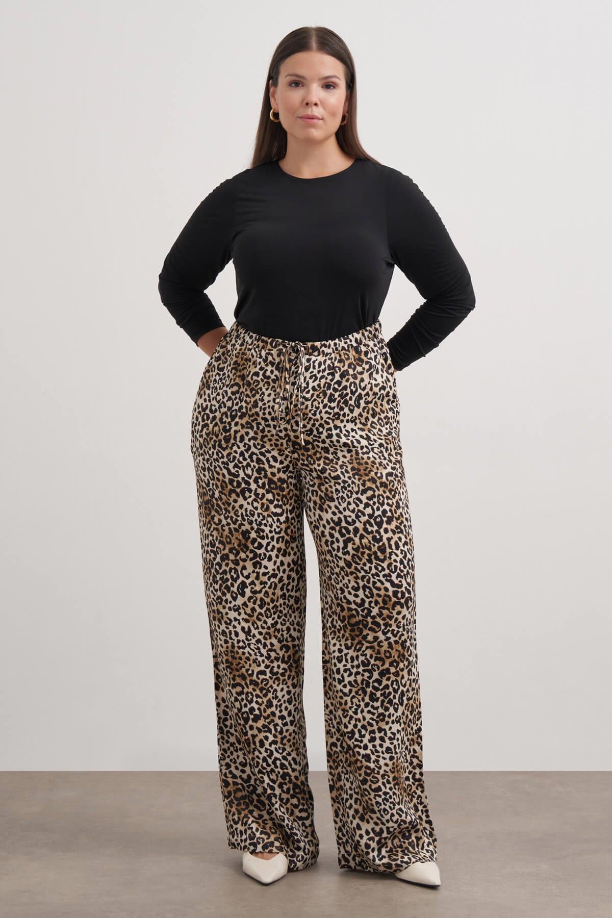 Myline-Beli Lastikli Leopar Desenli Pantolon-Büyük Beden Pantolon-149429