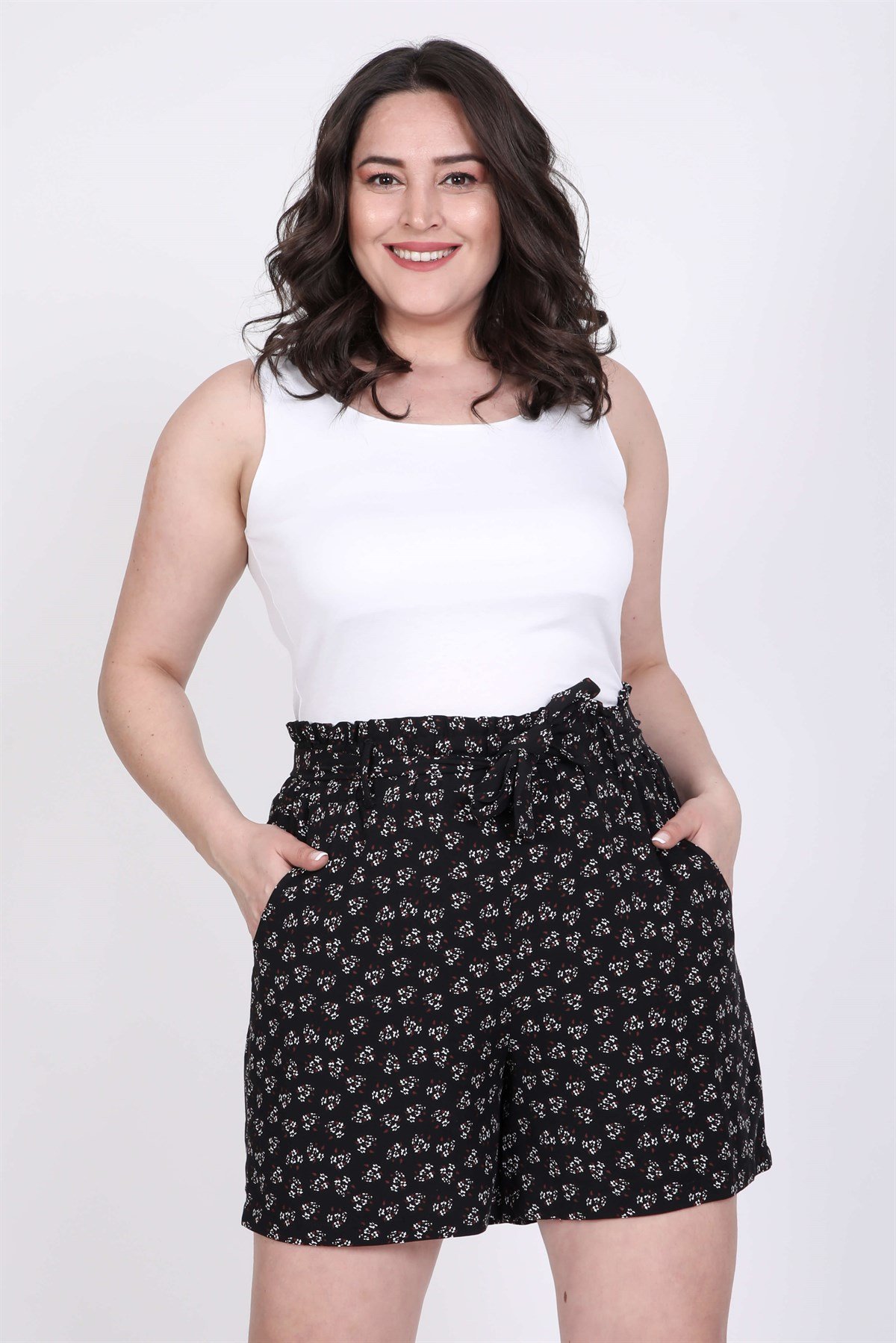 Myline-Beli Lastikli ve Kuşaklı Şort-Büyük Beden Şort-45565