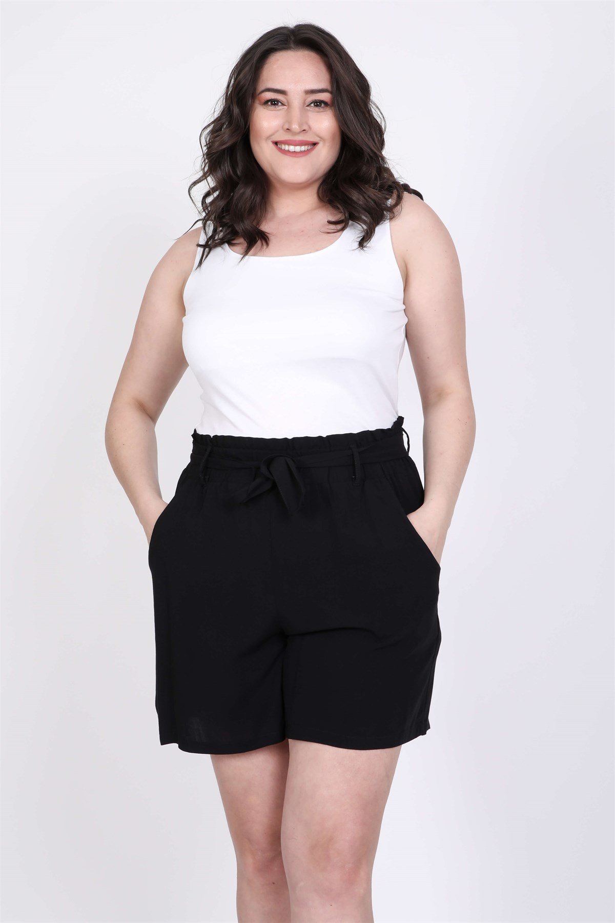 Myline-Beli Lastikli ve Kuşaklı Şort-Büyük Beden Şort-45564