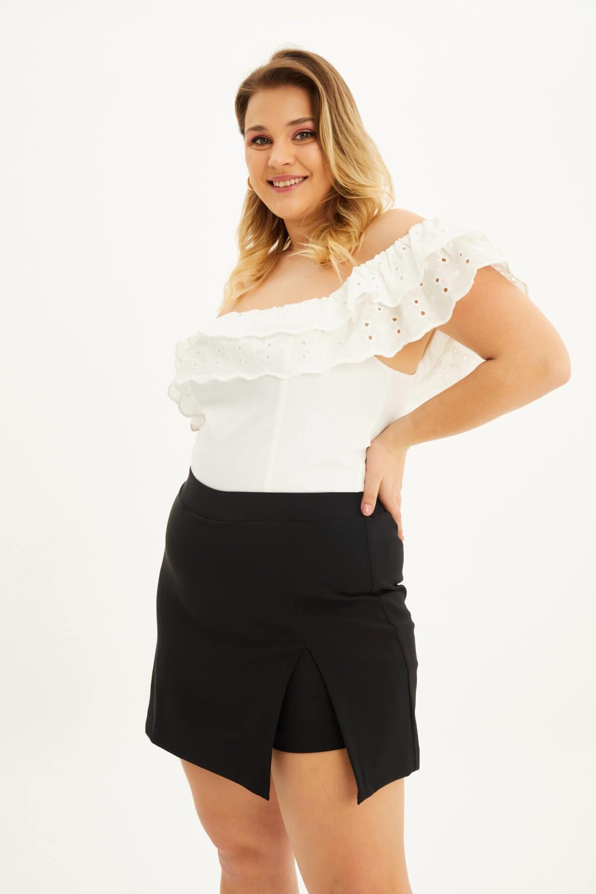 Myline-Beli Lastikli Yırtmaçlı Şort Etek-Büyük Beden Etek-87894