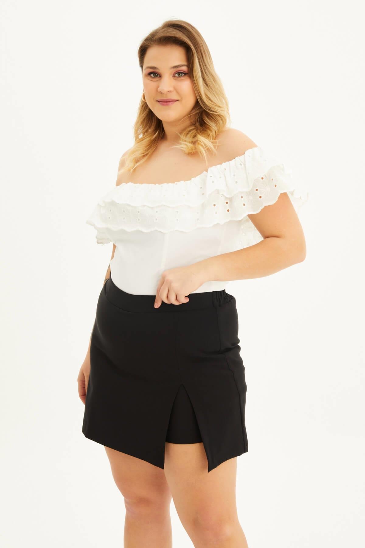 Myline-Beli Lastikli Yırtmaçlı Şort Etek-Büyük Beden Etek-87894