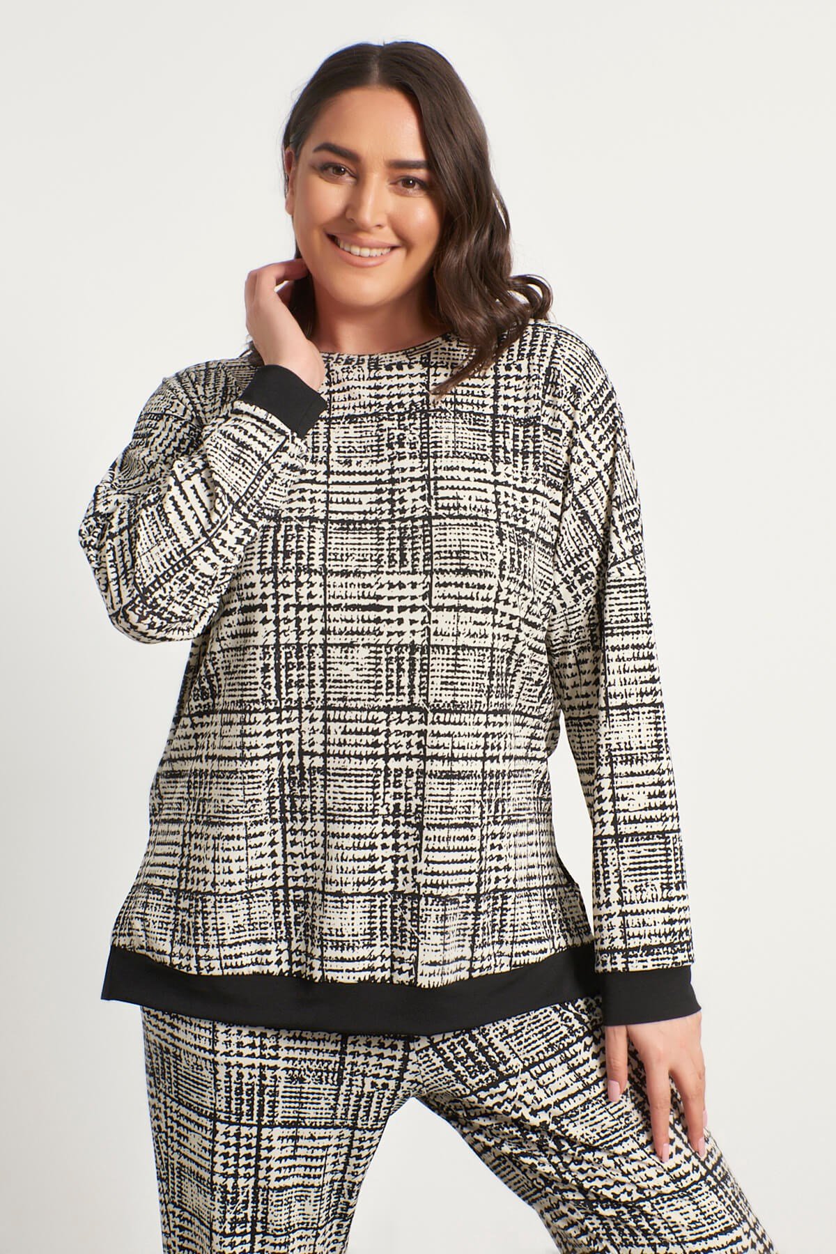 Myline-Bisiklet Yaka Sweatshirt-Büyük Beden Ev Giyim-56223