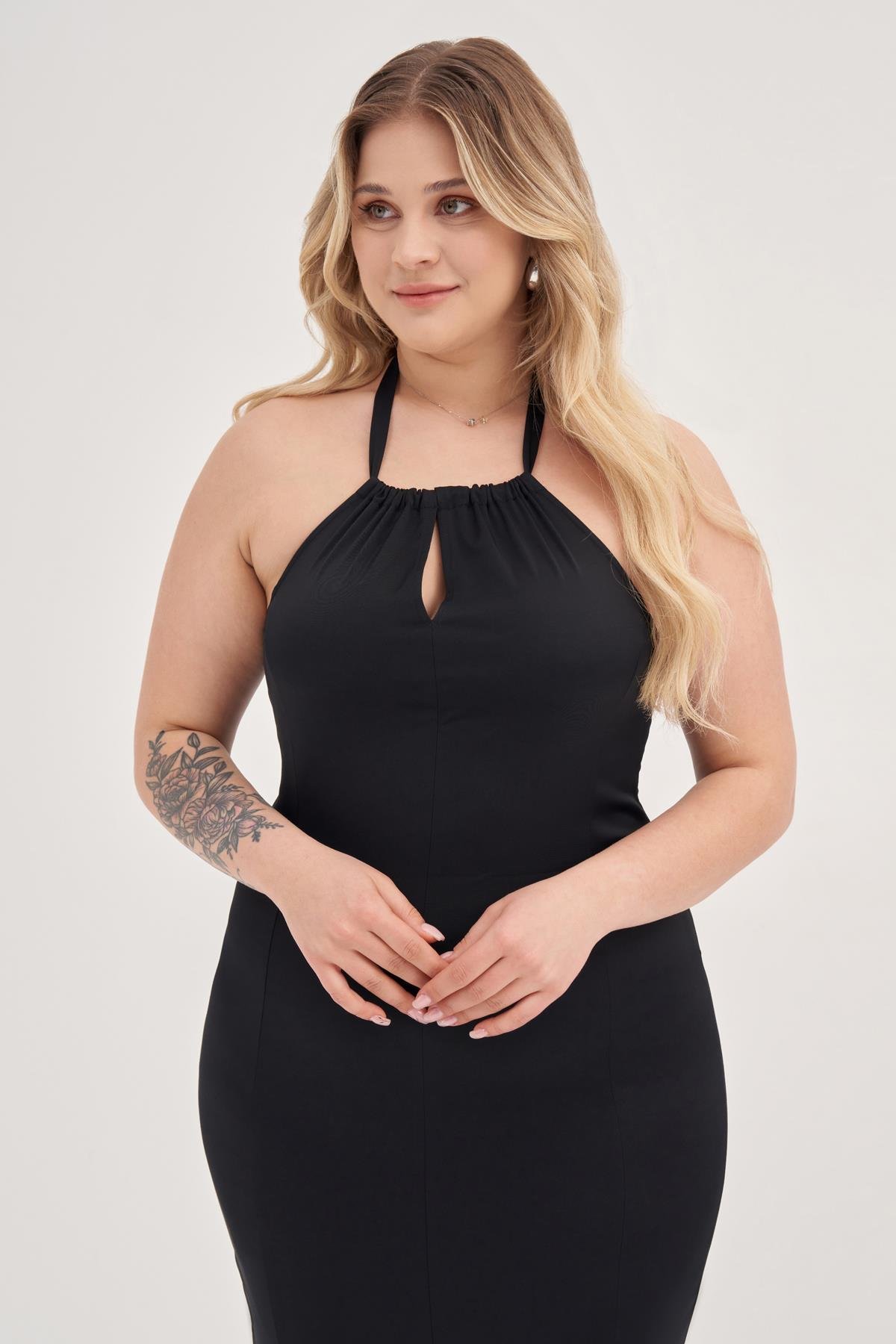 Myline-Boyundan Bağlamalı Vücuda Oturan Elbise-Büyük Beden Abiye Elbise-128867