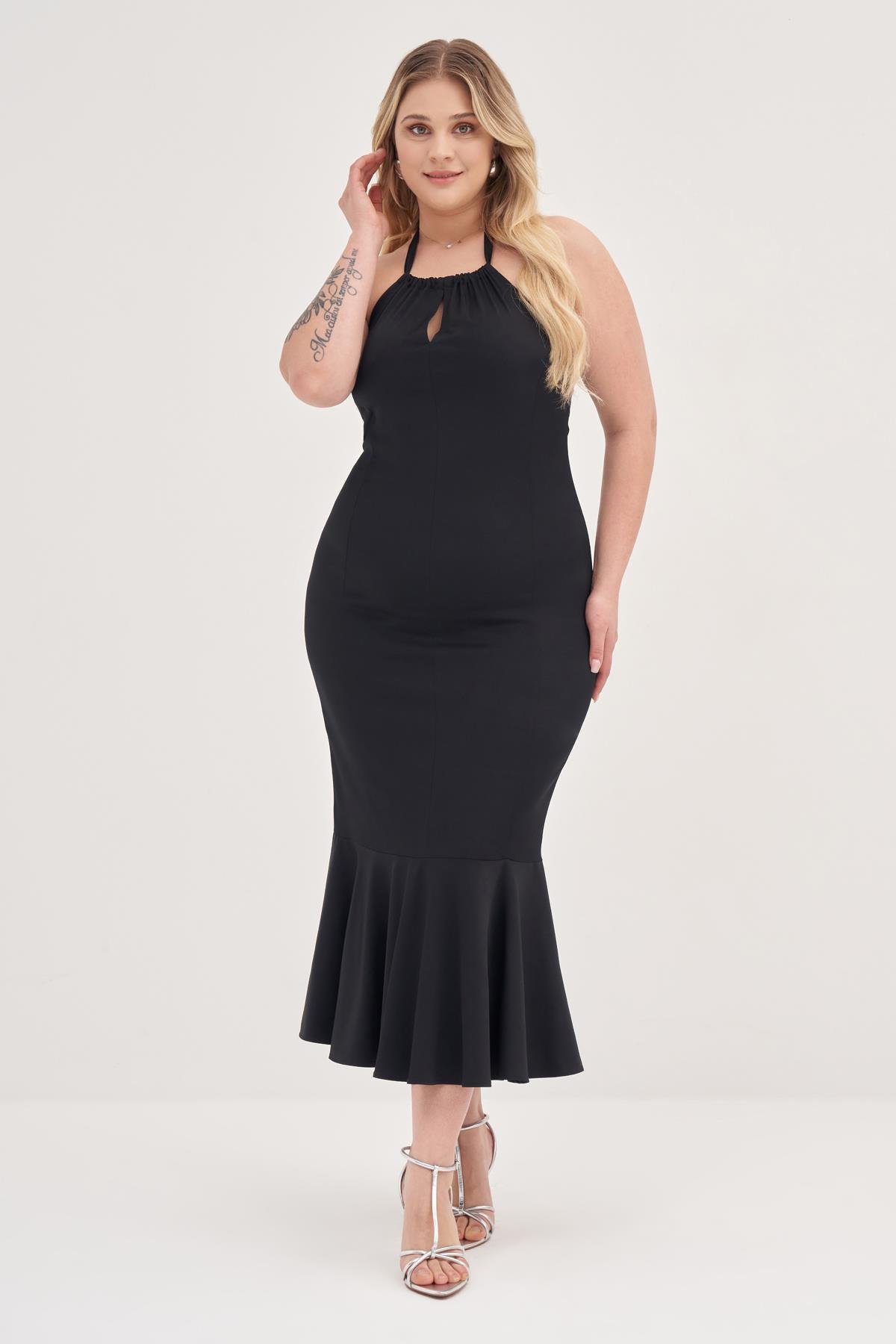 Myline-Boyundan Bağlamalı Vücuda Oturan Elbise-Büyük Beden Abiye Elbise-128867