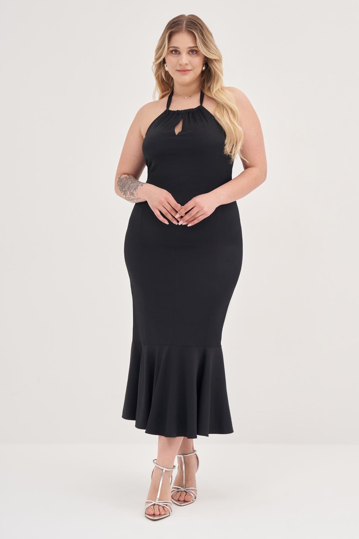 Myline-Boyundan Bağlamalı Vücuda Oturan Elbise-Büyük Beden Abiye Elbise-128867