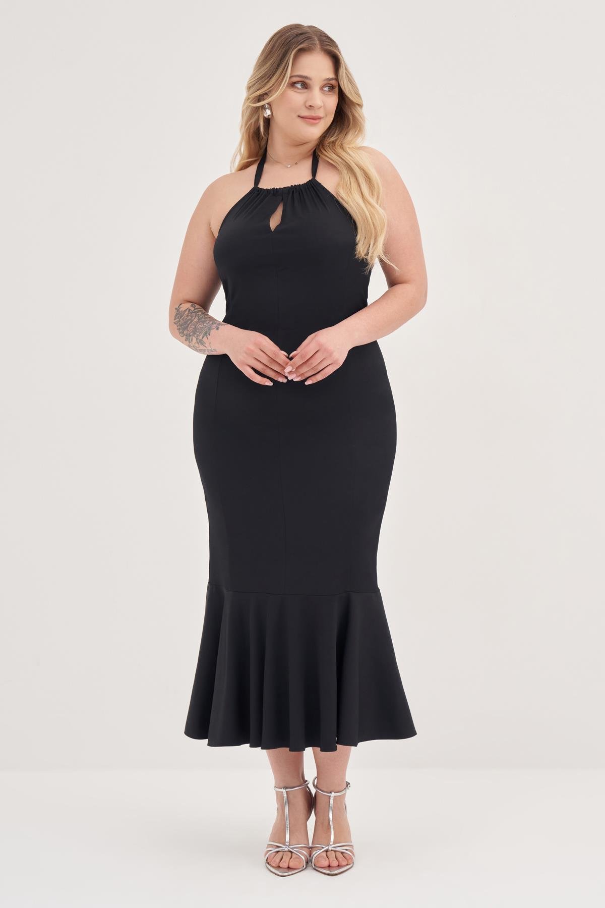 Myline-Boyundan Bağlamalı Vücuda Oturan Elbise-Büyük Beden Abiye Elbise-128867