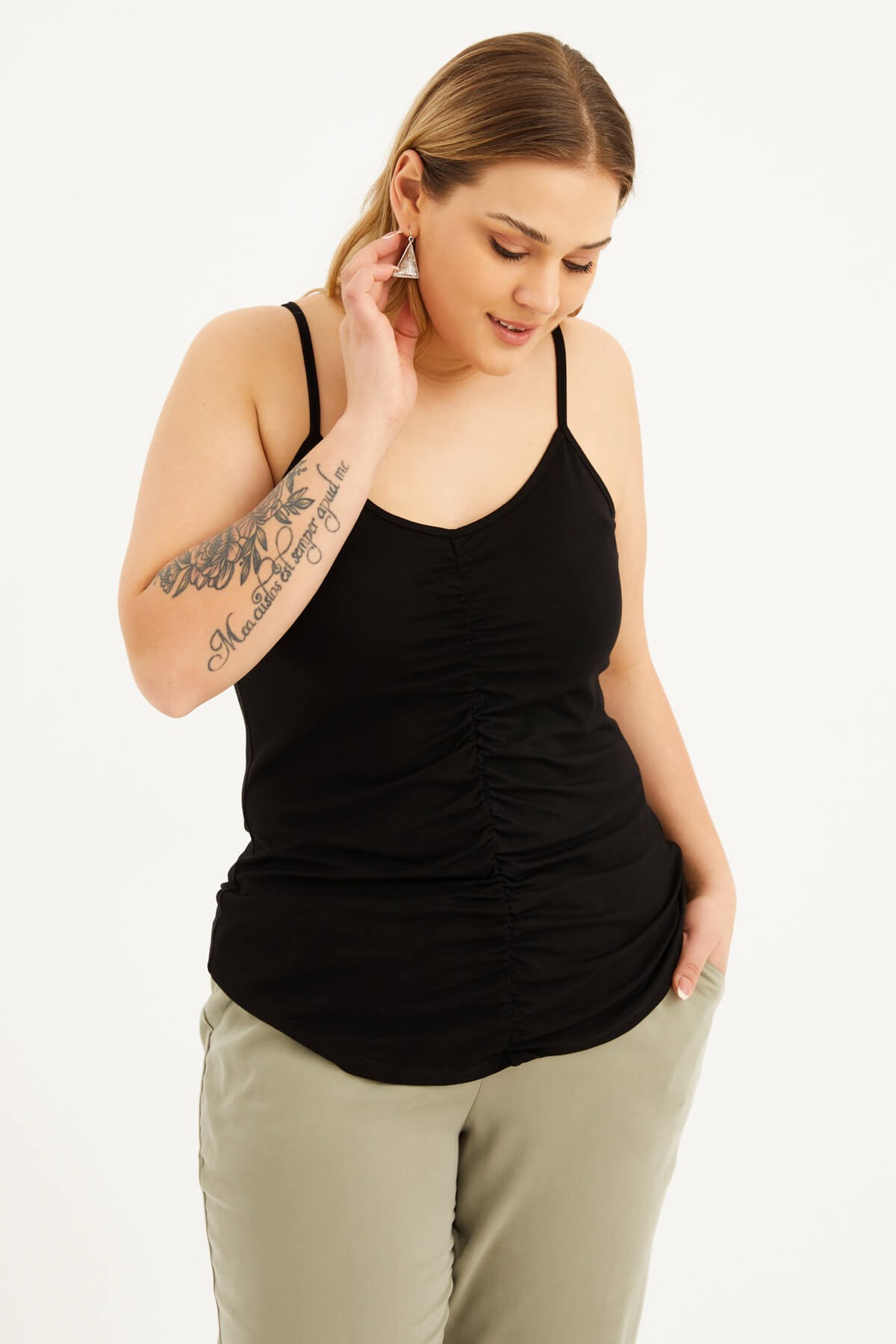 Myline-Büzgü Detaylı İp Askılı Top-Büyük Beden Tişört-77475