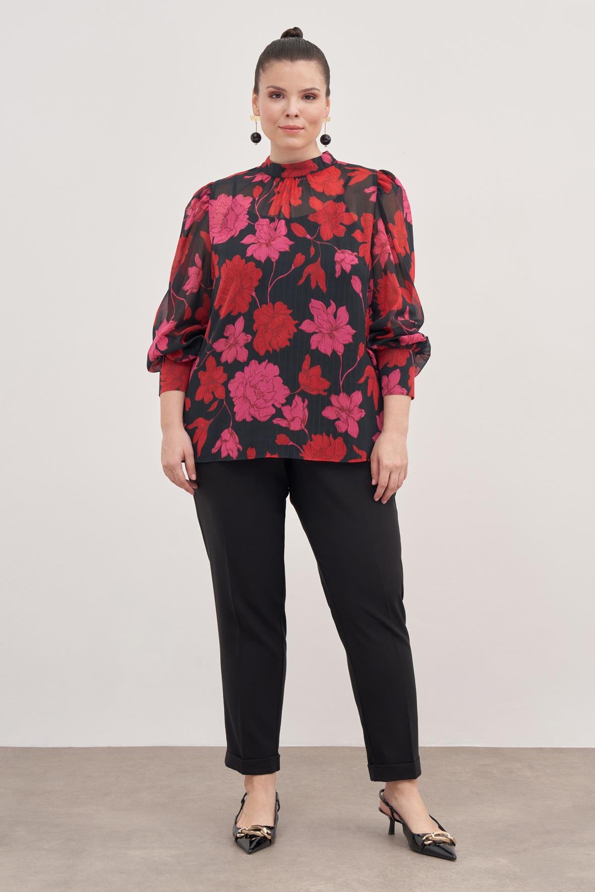 Myline-Büzgü Detaylı Şifon Bluz-Büyük Beden Bluz-129040