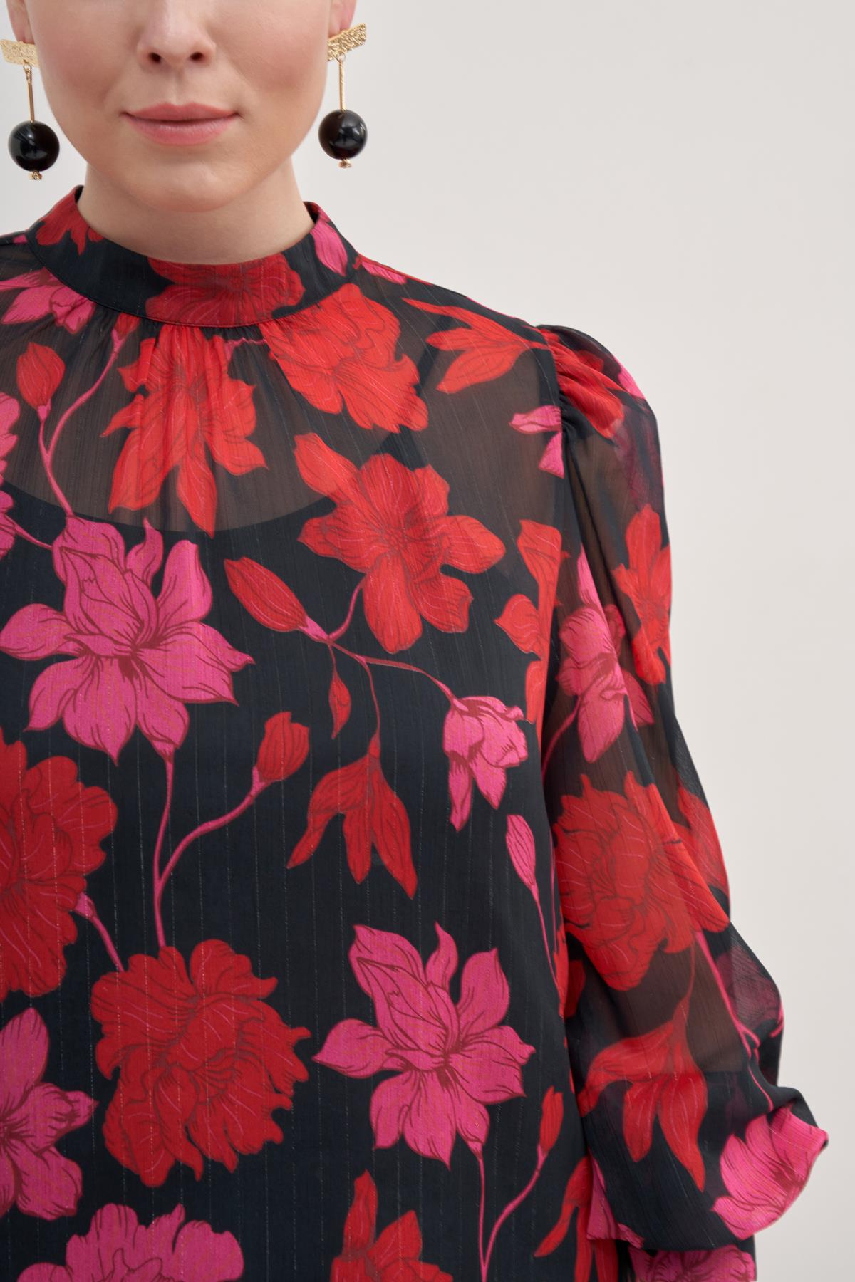 Myline-Büzgü Detaylı Şifon Bluz-Büyük Beden Bluz-129040