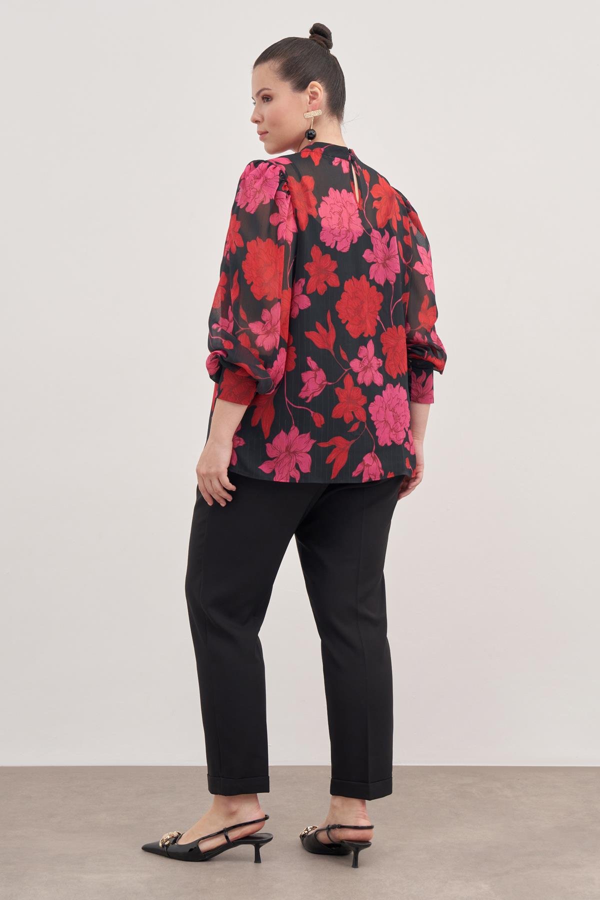 Myline-Büzgü Detaylı Şifon Bluz-Büyük Beden Bluz-129040