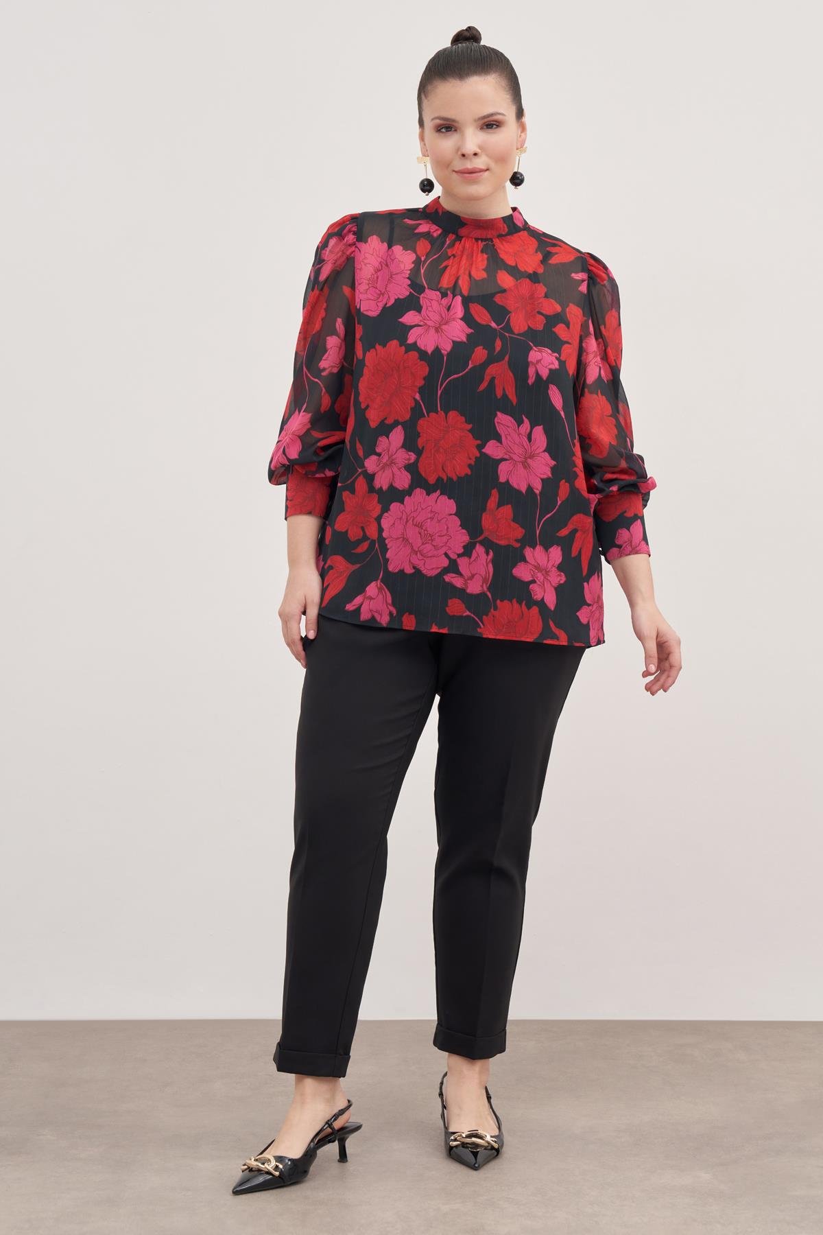 Myline-Büzgü Detaylı Şifon Bluz-Büyük Beden Bluz-129040