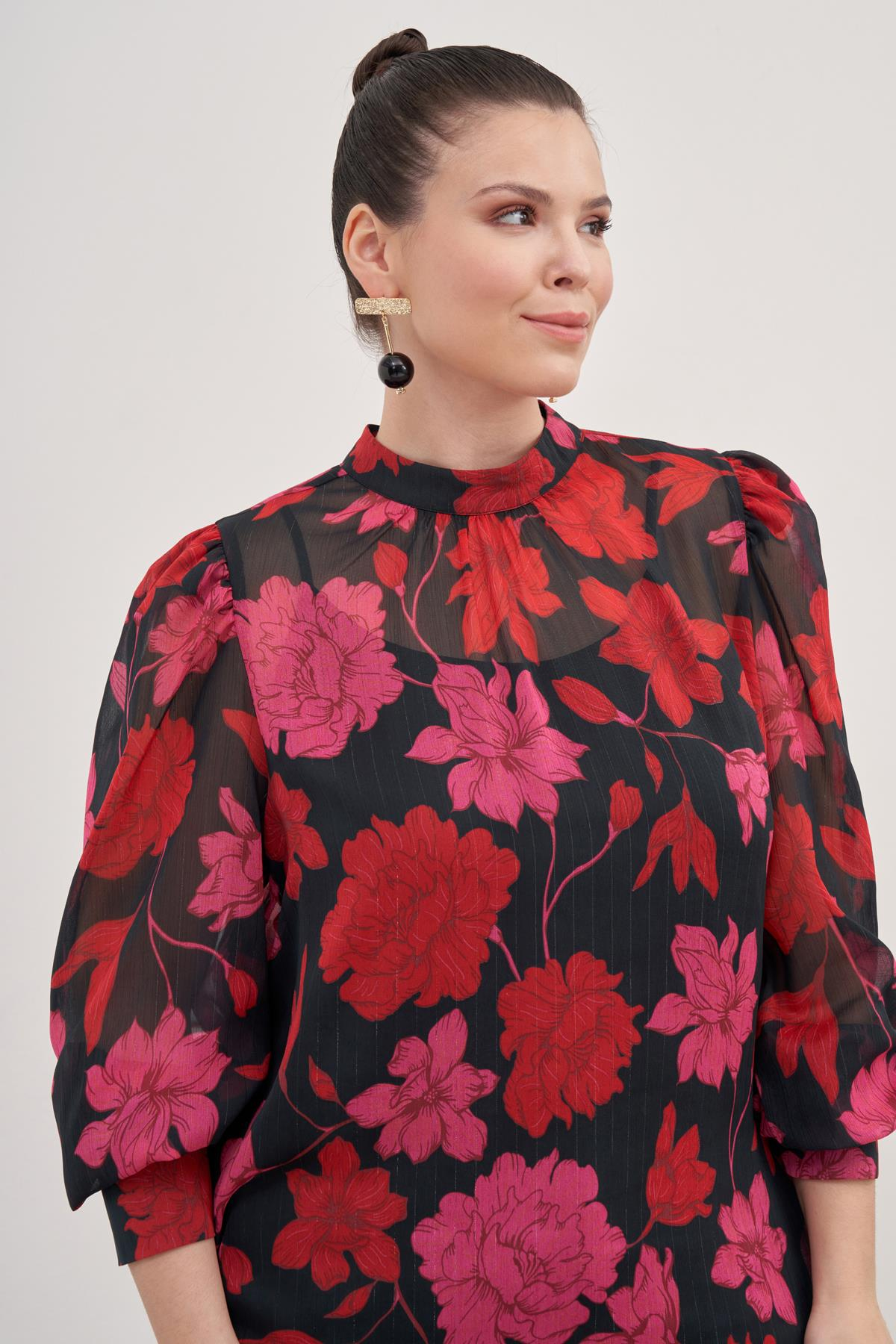 Myline-Büzgü Detaylı Şifon Bluz-Büyük Beden Bluz-129040