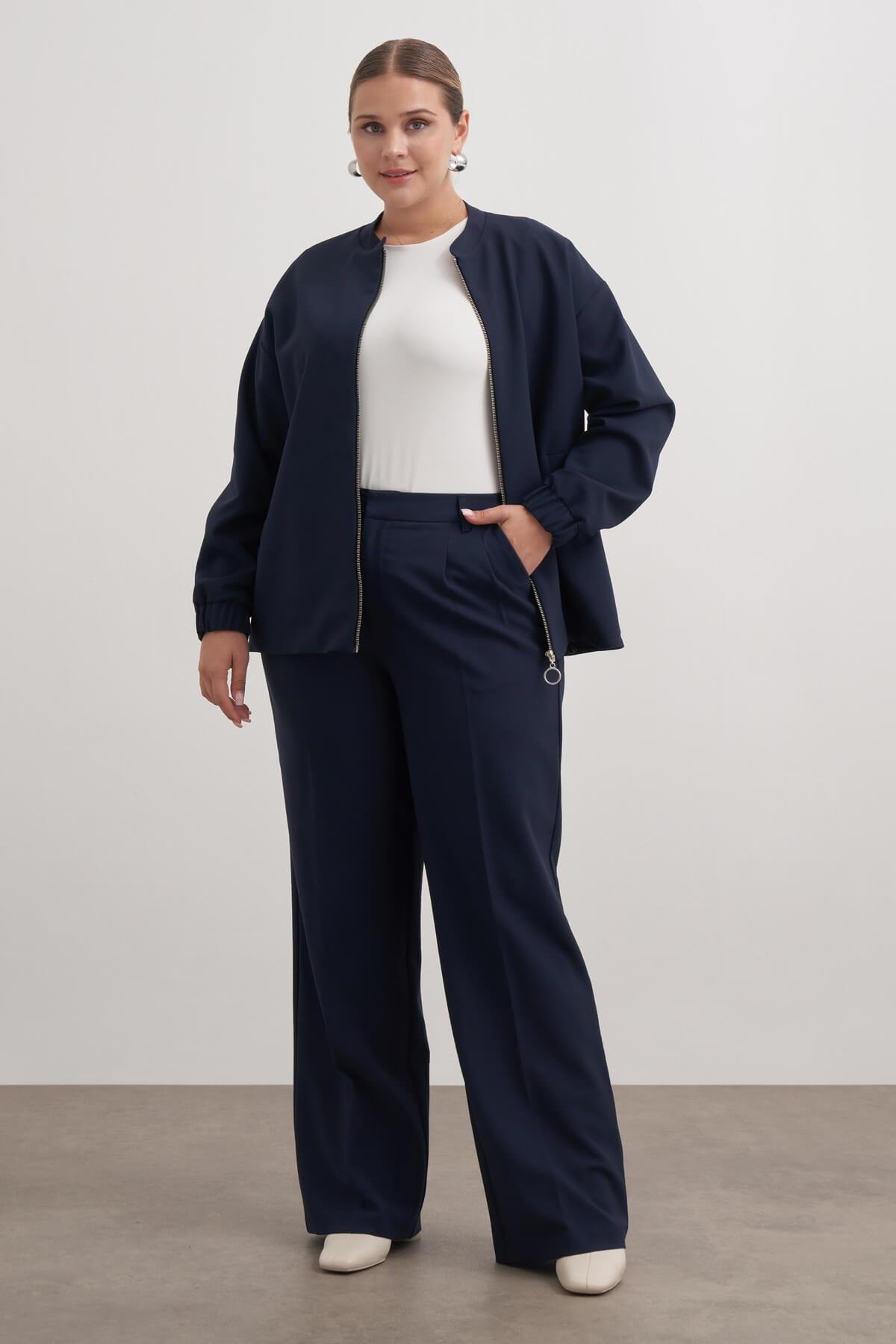 Myline-Cep Detaylı Astarlı Stoperli Bomber Ceket-Büyük Beden Ceket-149468