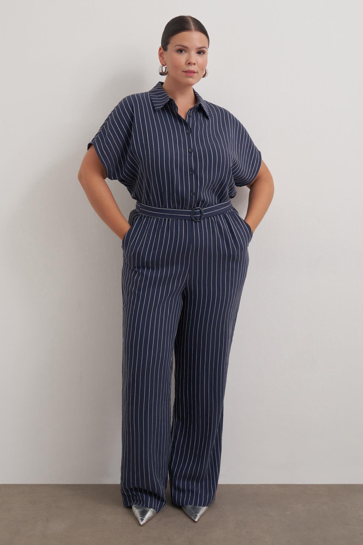 Myline-Cep Detaylı Kemerli Tulum-Büyük Beden Tulum-149464