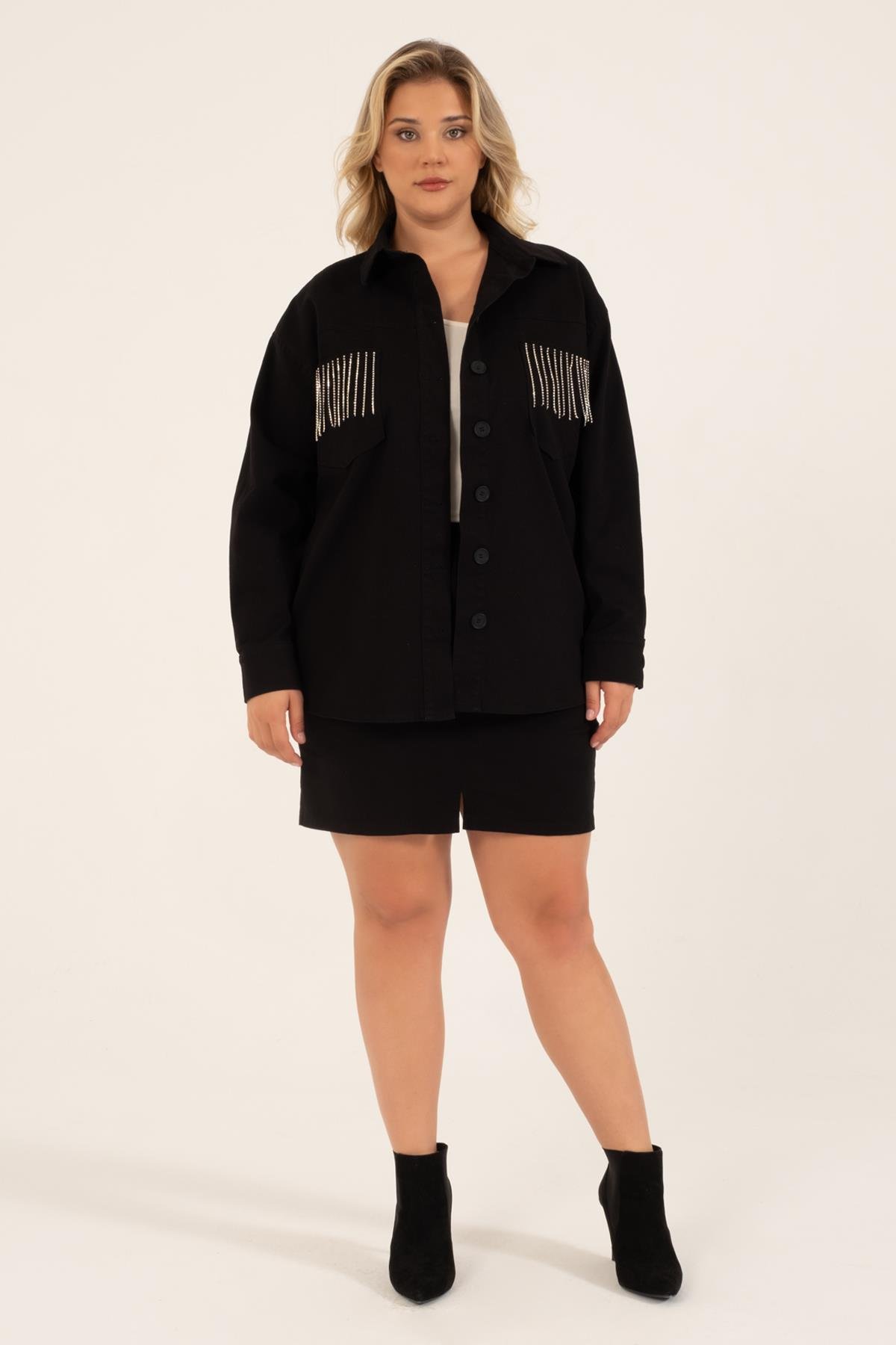 Myline-Cep Detaylı Zincirli İnce Ceket-Büyük Beden Ceket-118449